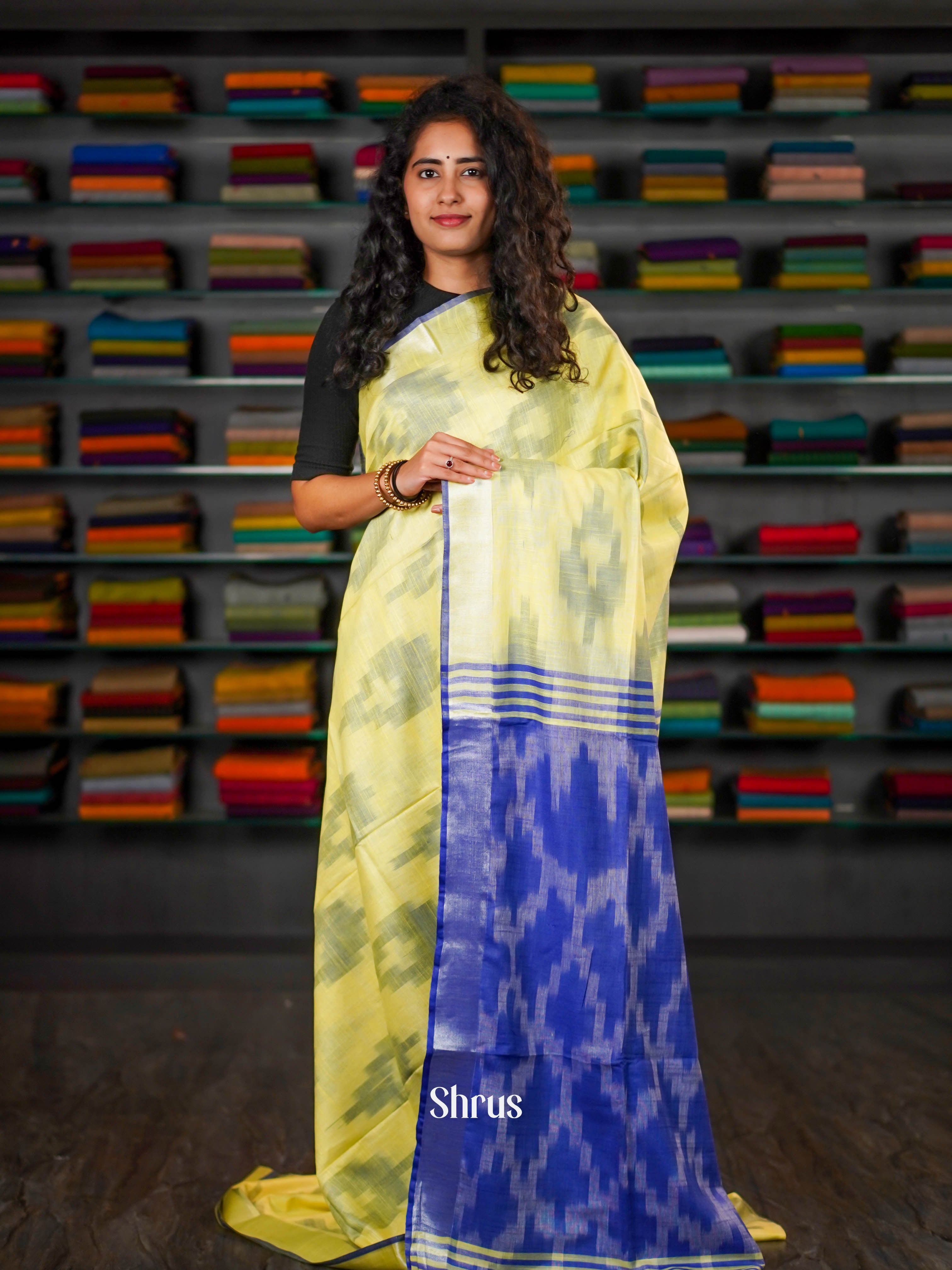 Yellow & Blue - Semi Ikkat Saree