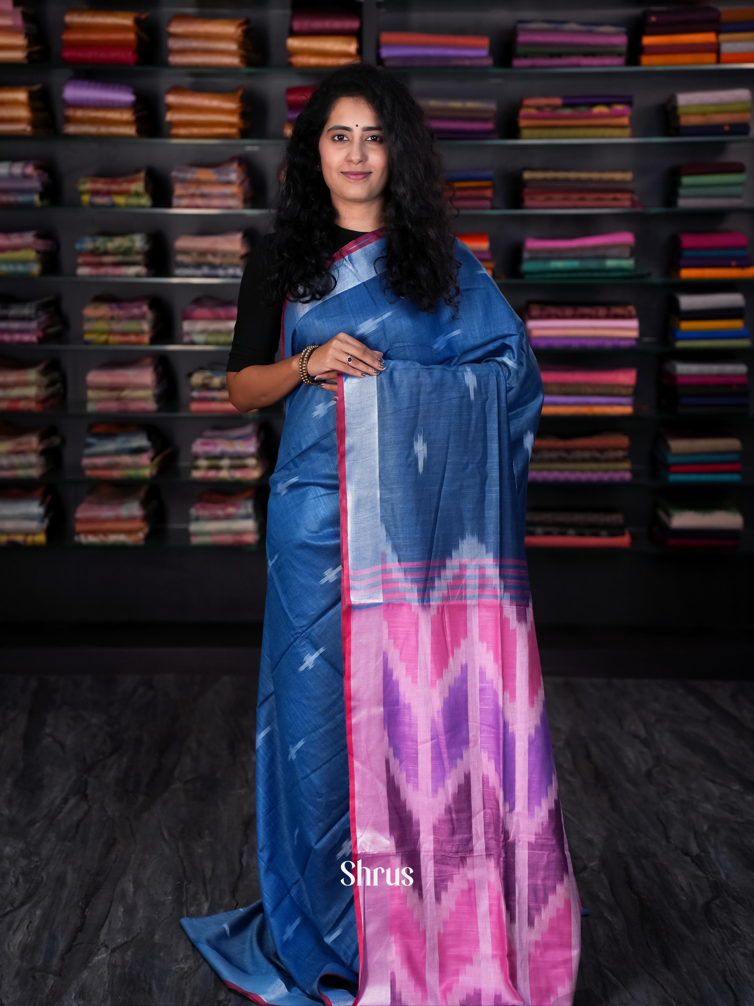 Blue & Pink - Semi Ikkat Saree