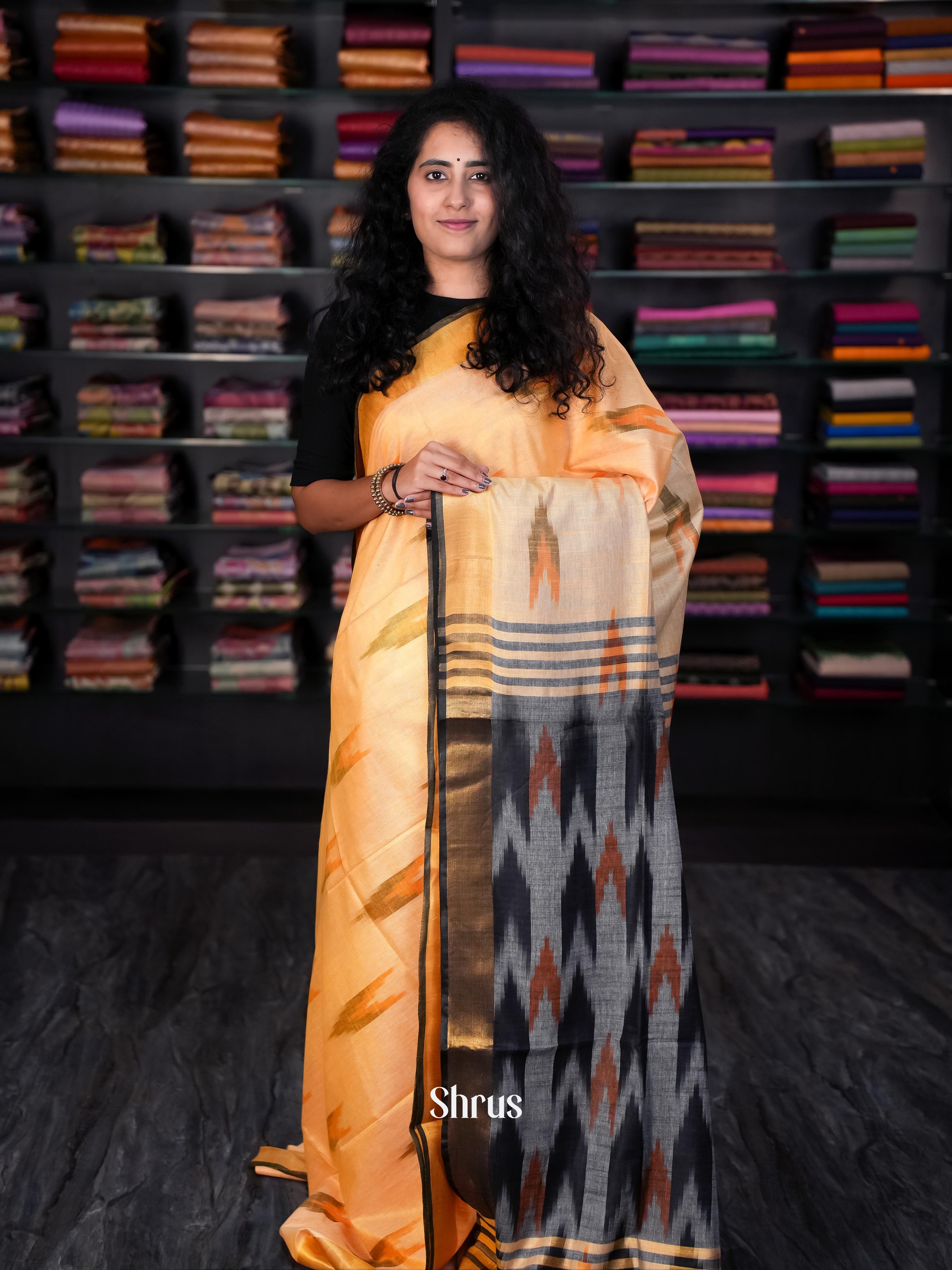 Pale Orange & Grey - Semi Ikkat Saree