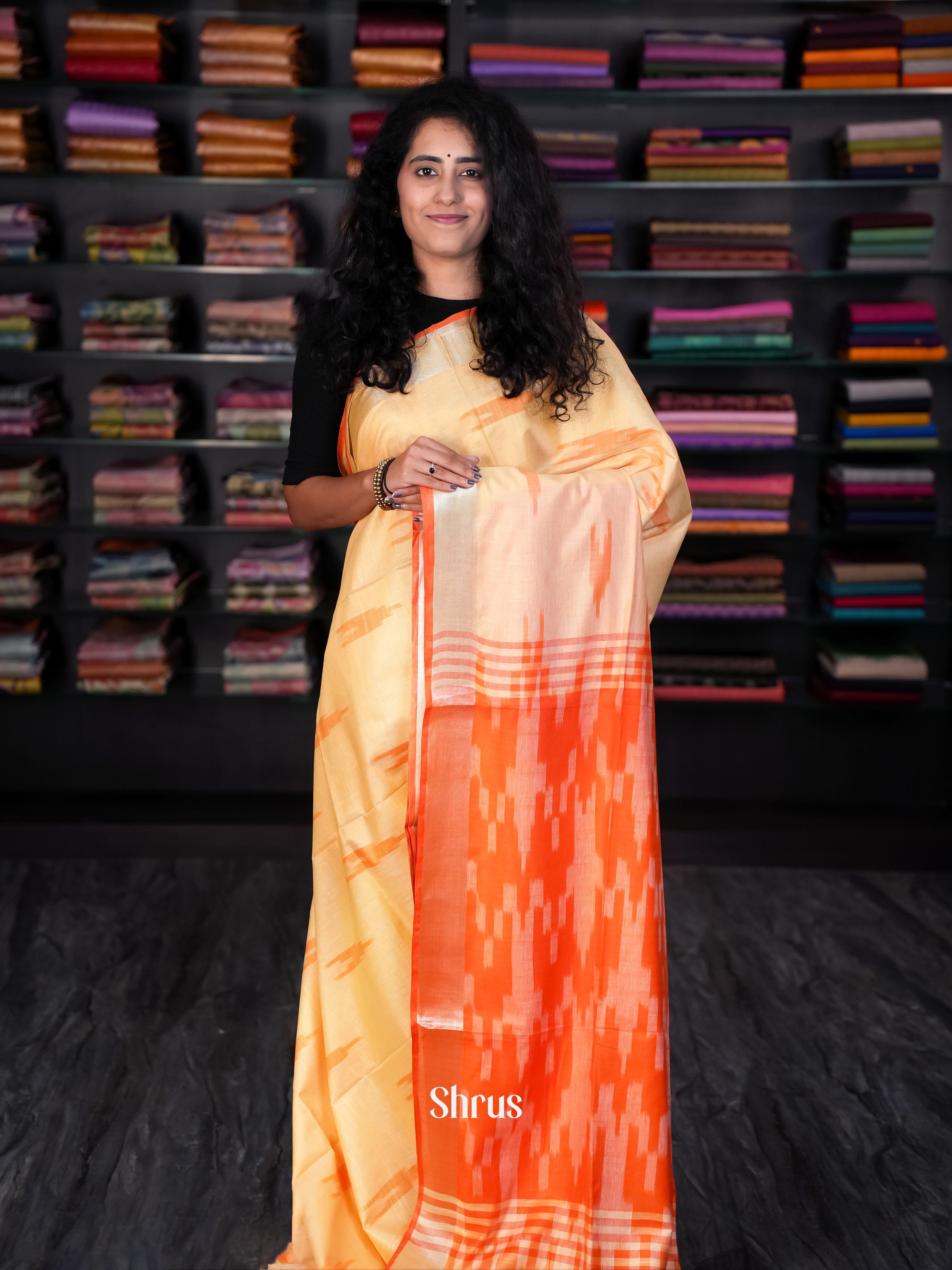 Light Orange & Orange - Semi Ikkat saree