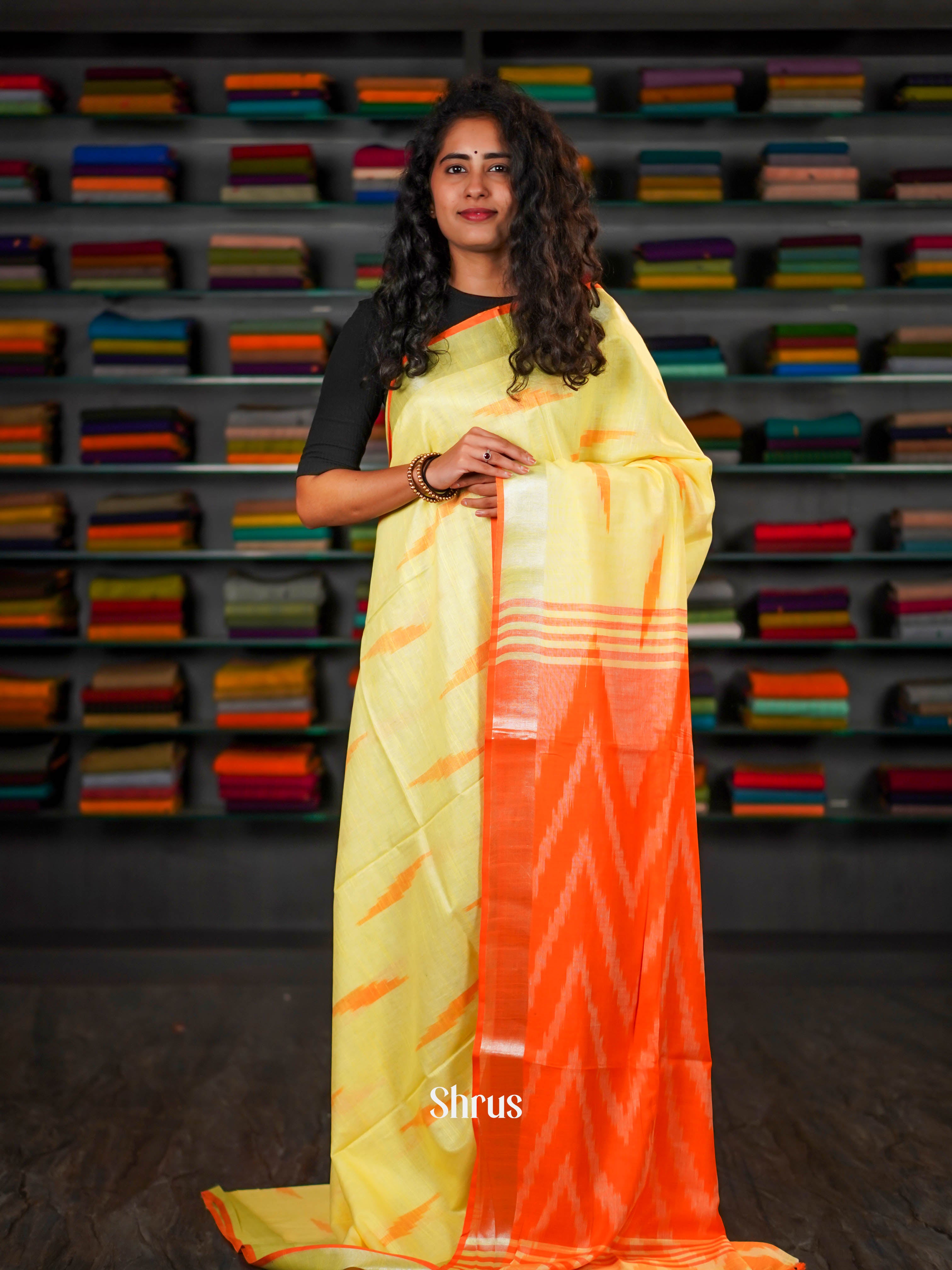 Bright Yellow & Bright Orange  - Semi Ikkat Saree