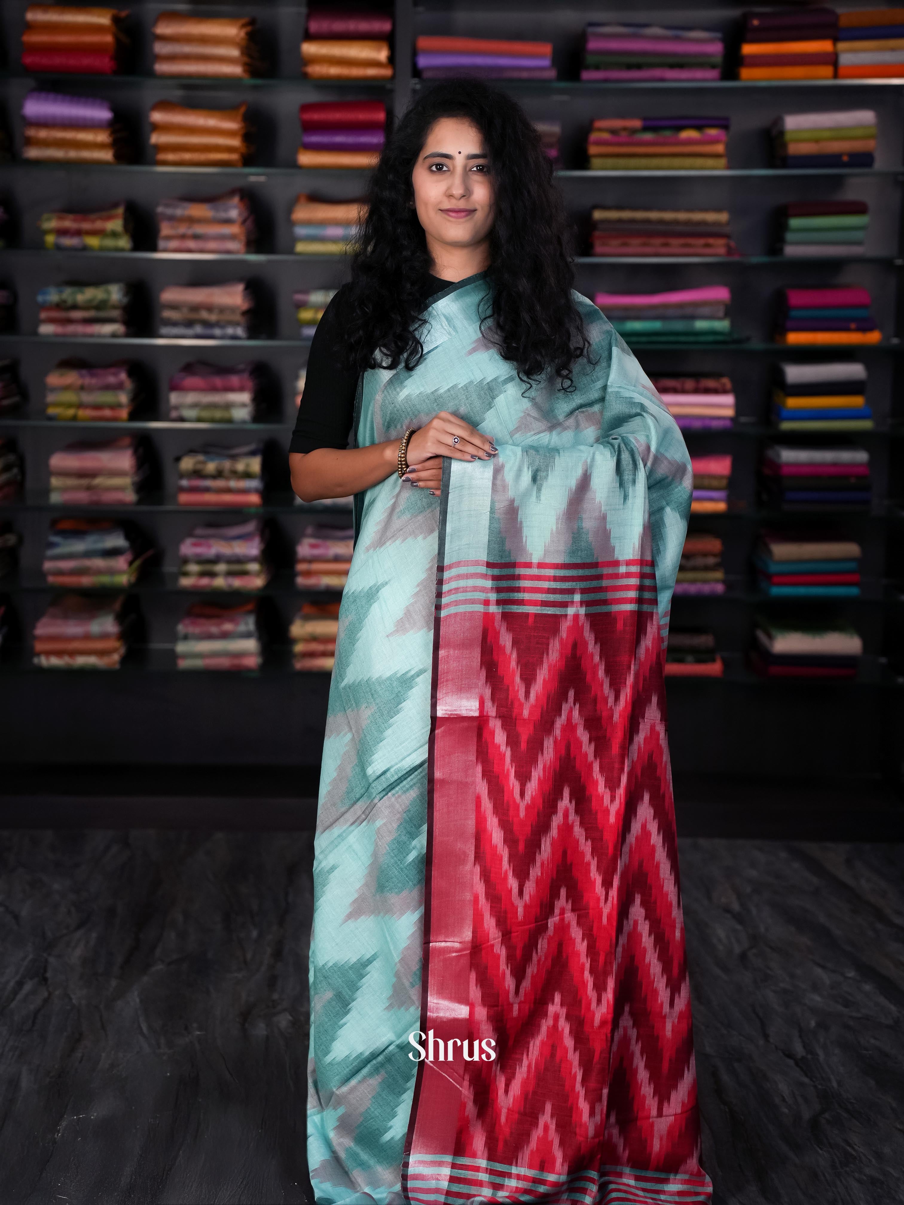 Teal & Maroon - Semi Ikkat Saree