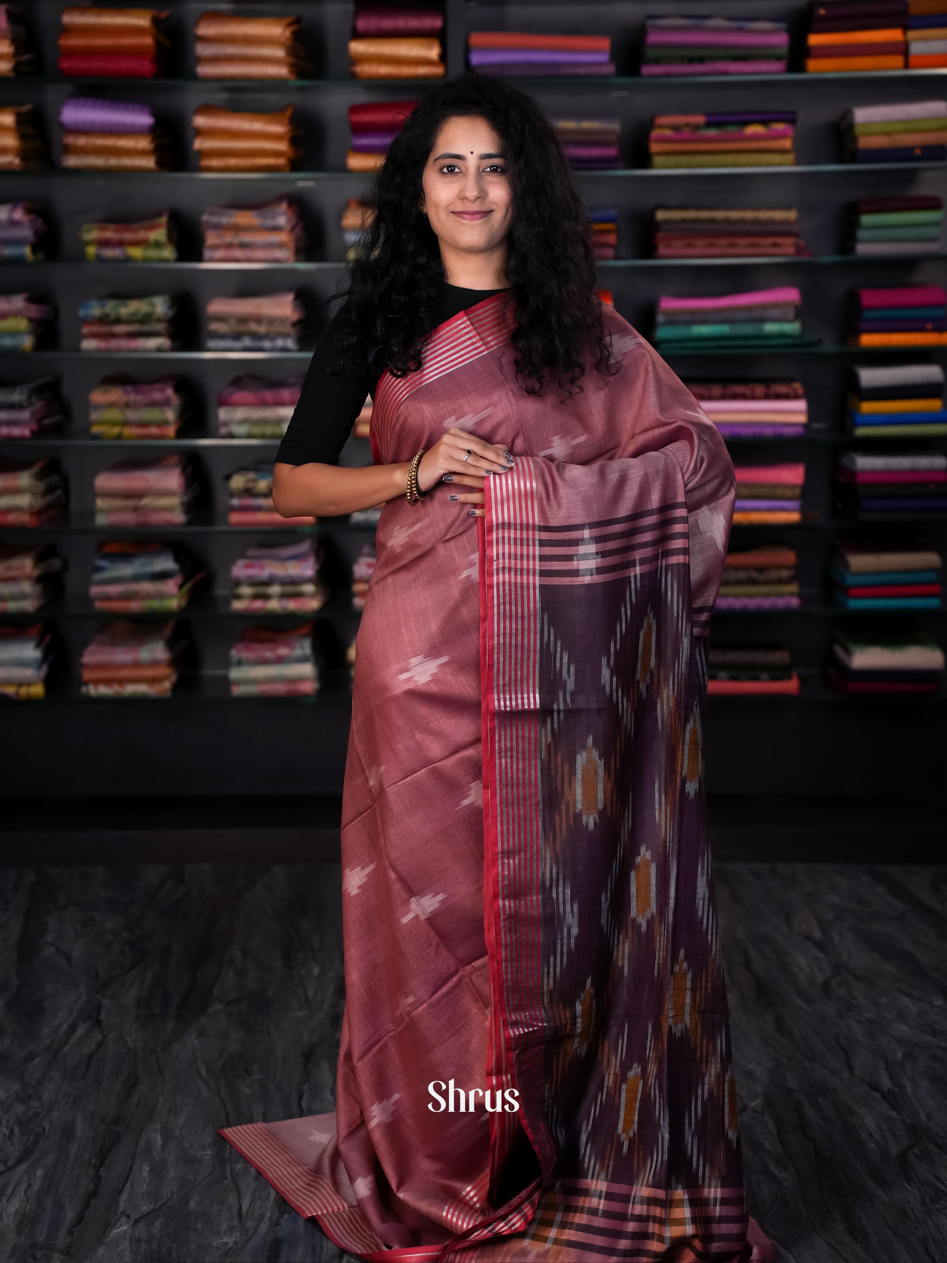 Brown & Purple- Semi Ikkat Saree