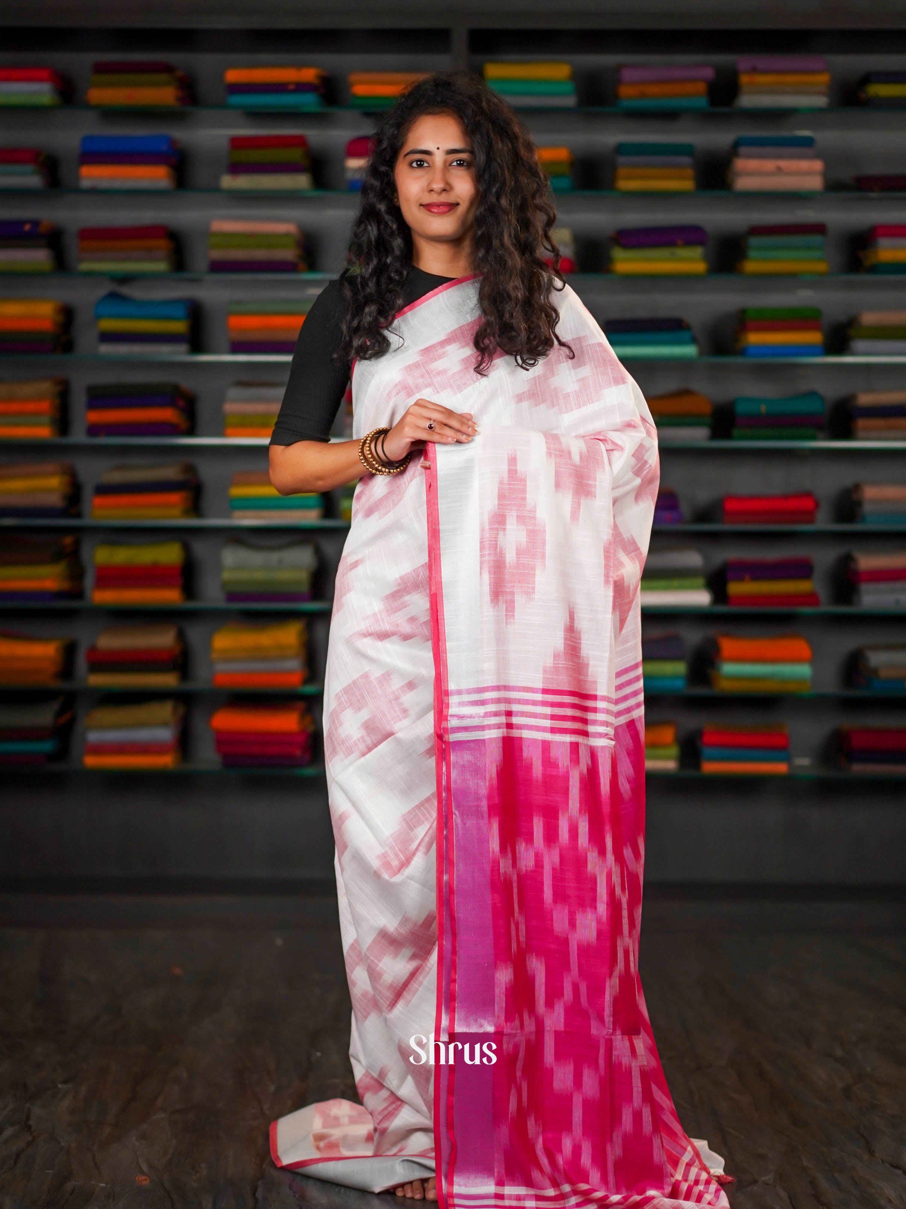 White & Magenta  - Semi Ikkat Saree