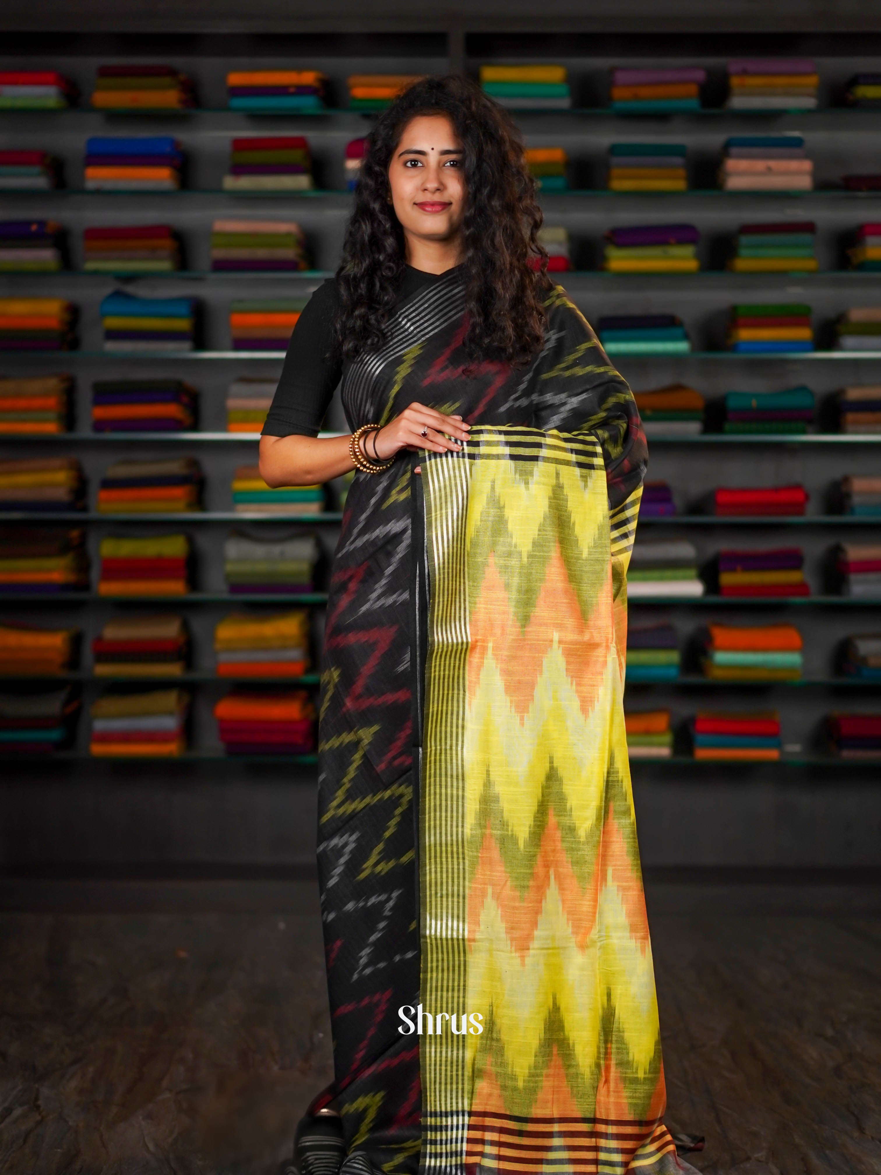 Black & Fluorescent Yellow  - Semi Ikkat Saree