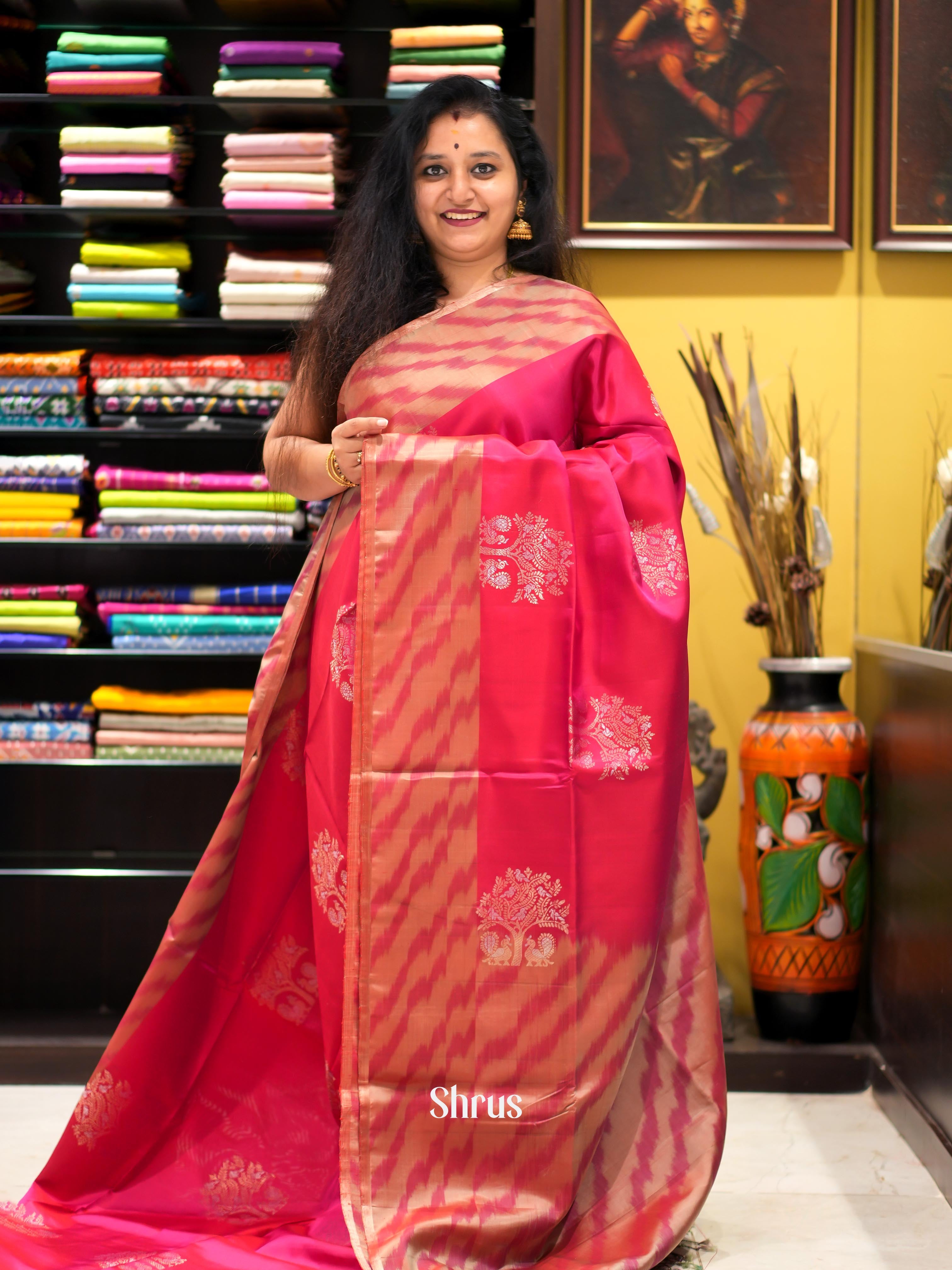 Red  & Peach - Soft Silk Saree