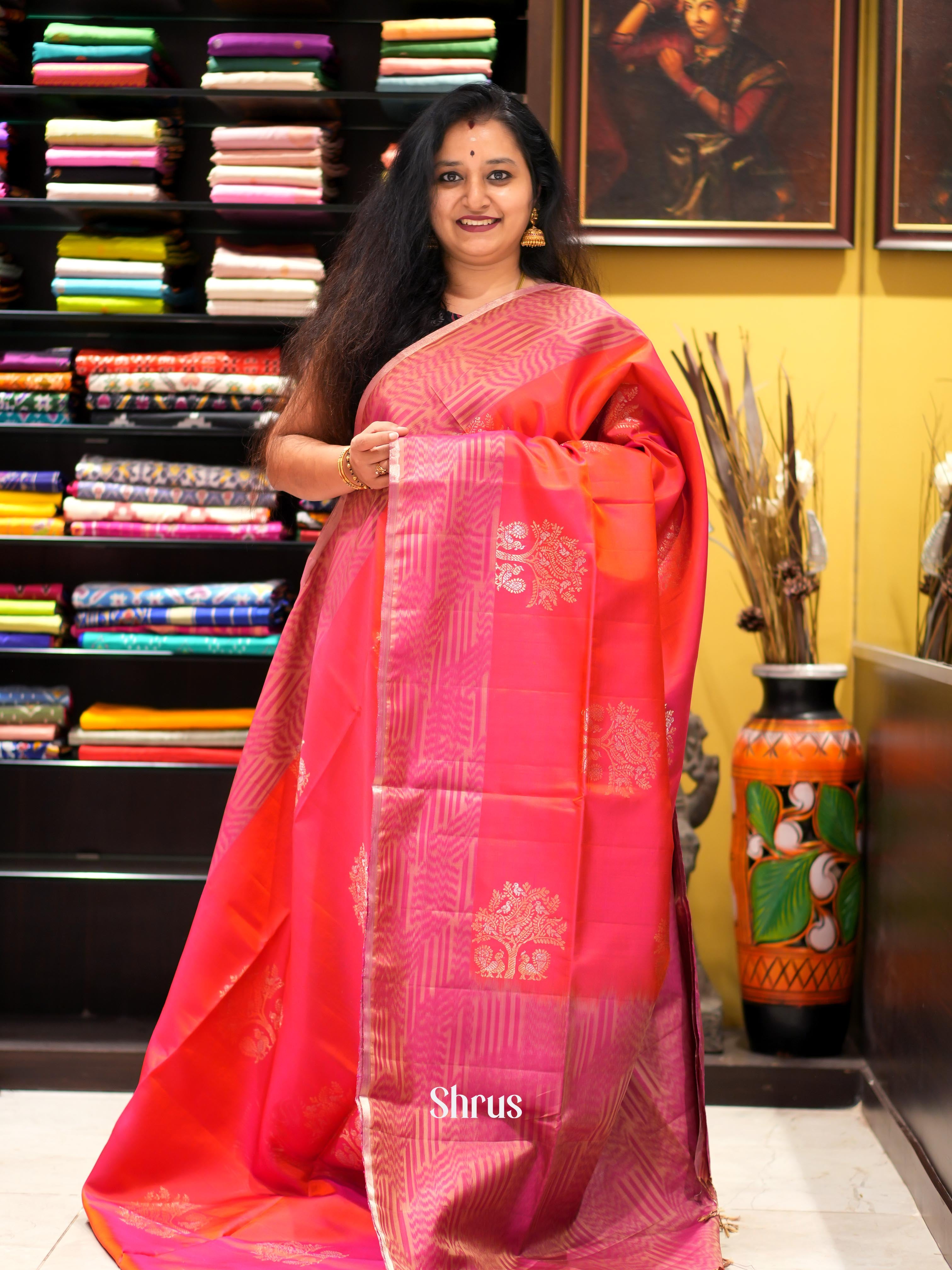 Red & Pink -  Soft Silk Saree