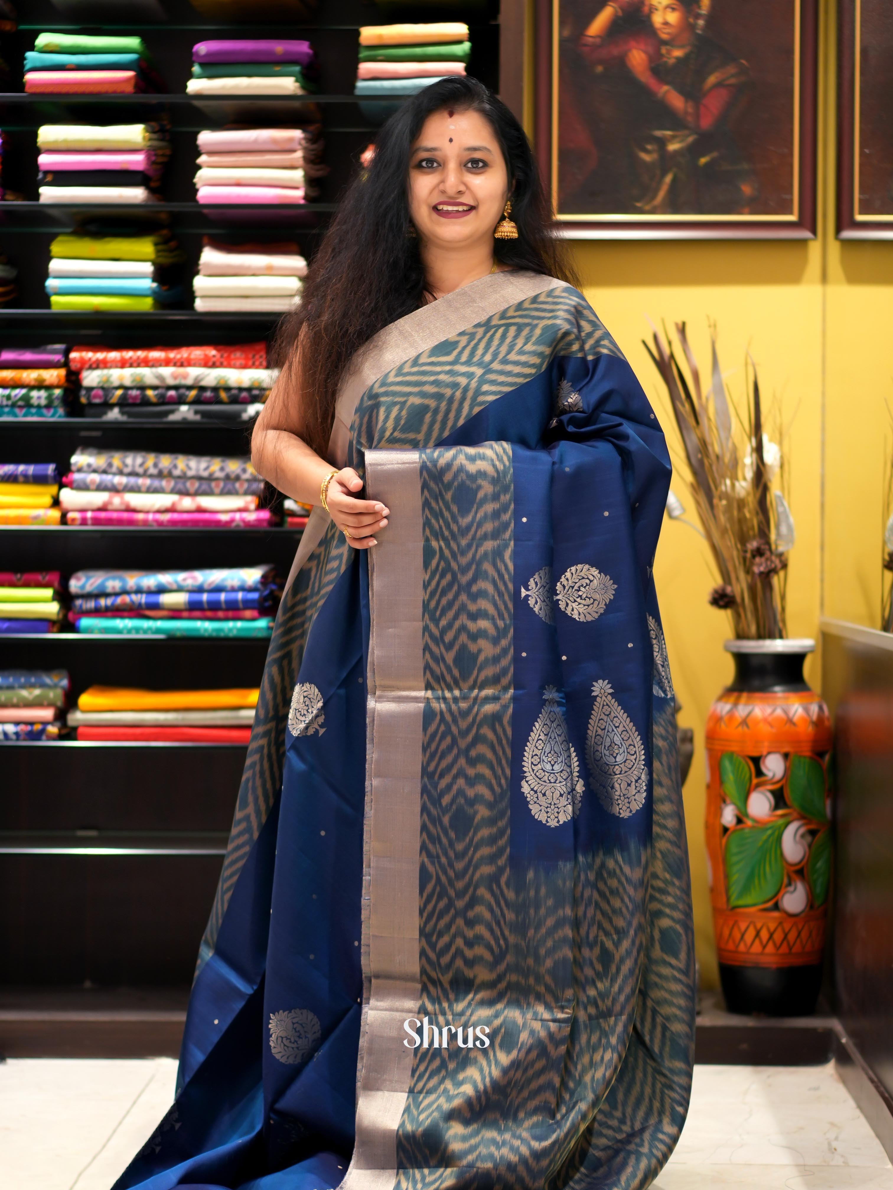 Blue & Cream - Soft Silk Saree