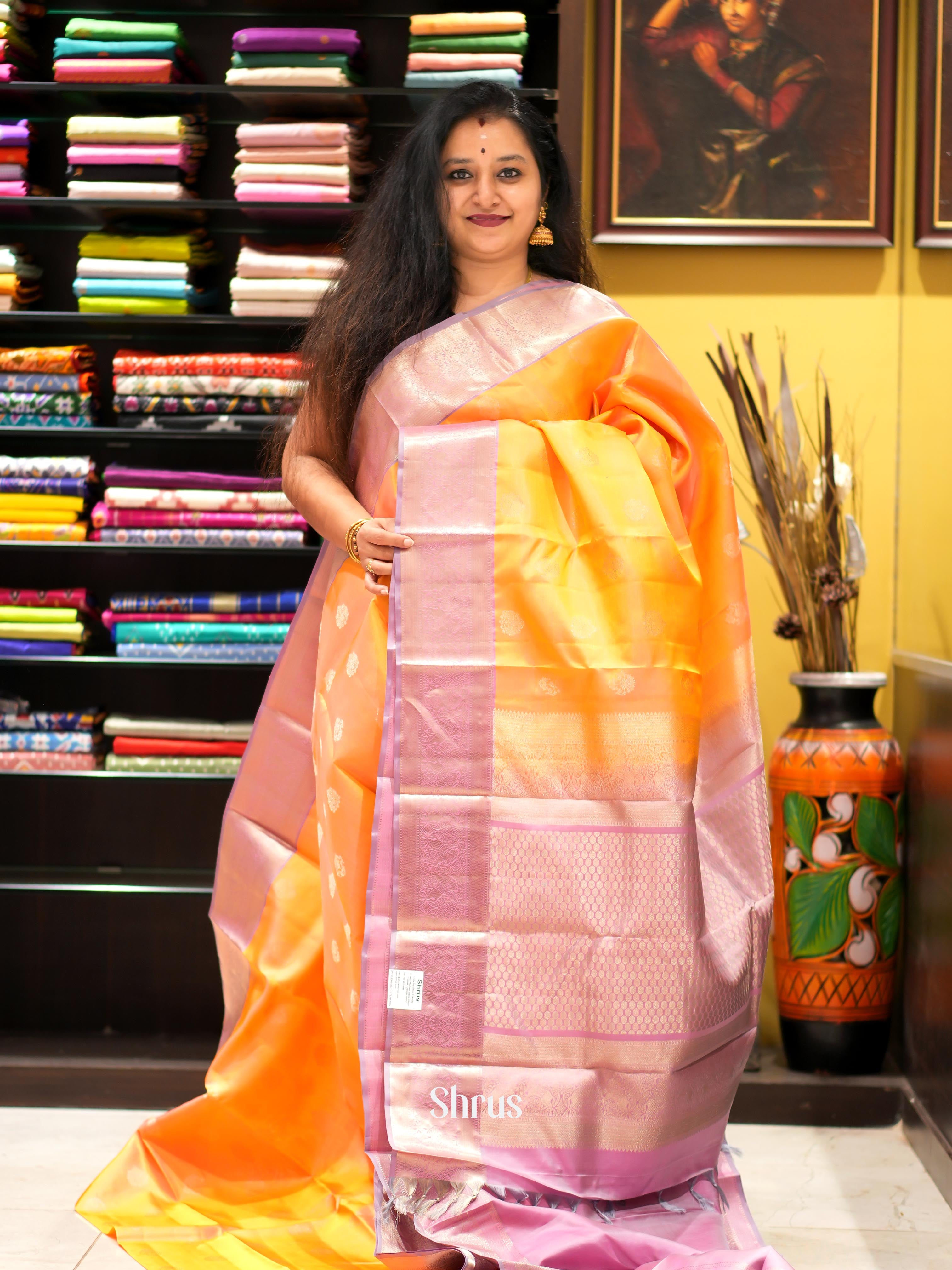 Yellow & Mild Lavender- Kanchi Border Soft Silk Saree