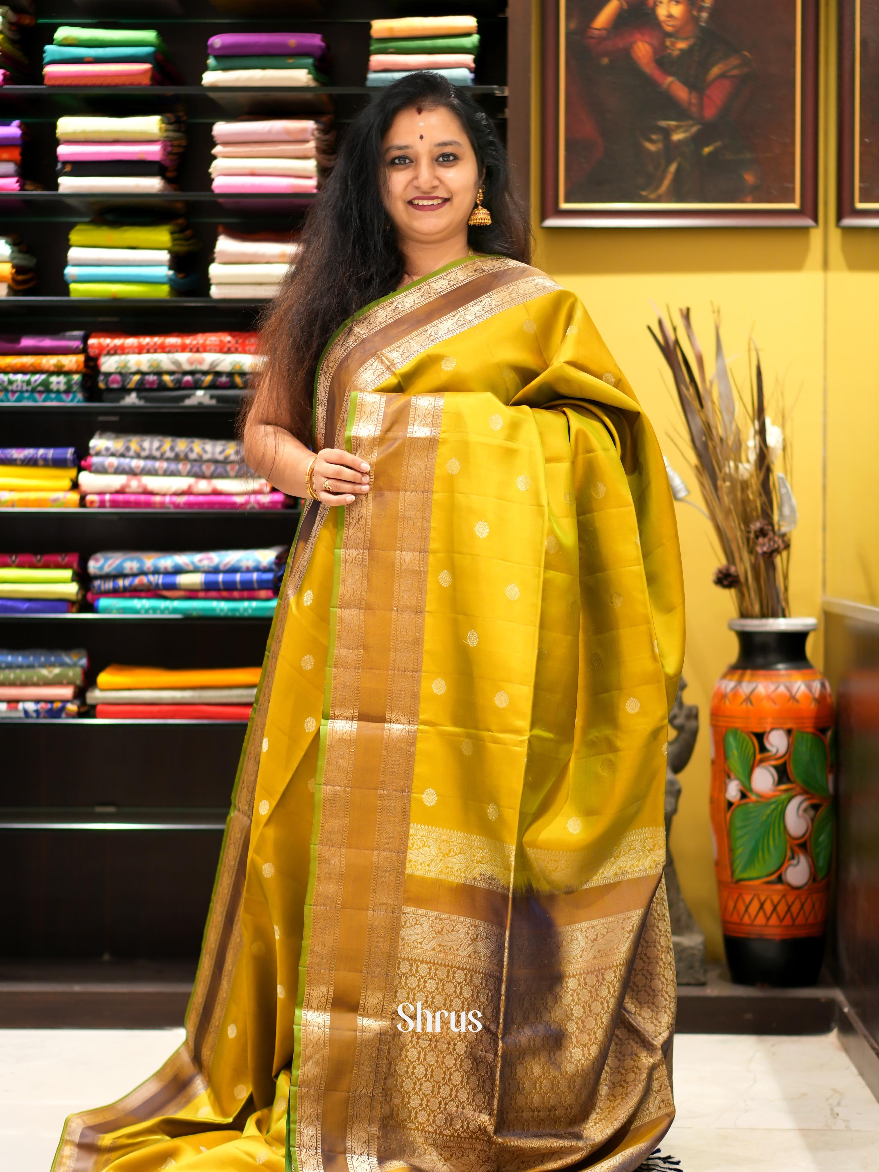 Mustardy Green & Brown - Kanchi Border Soft Silk Saree