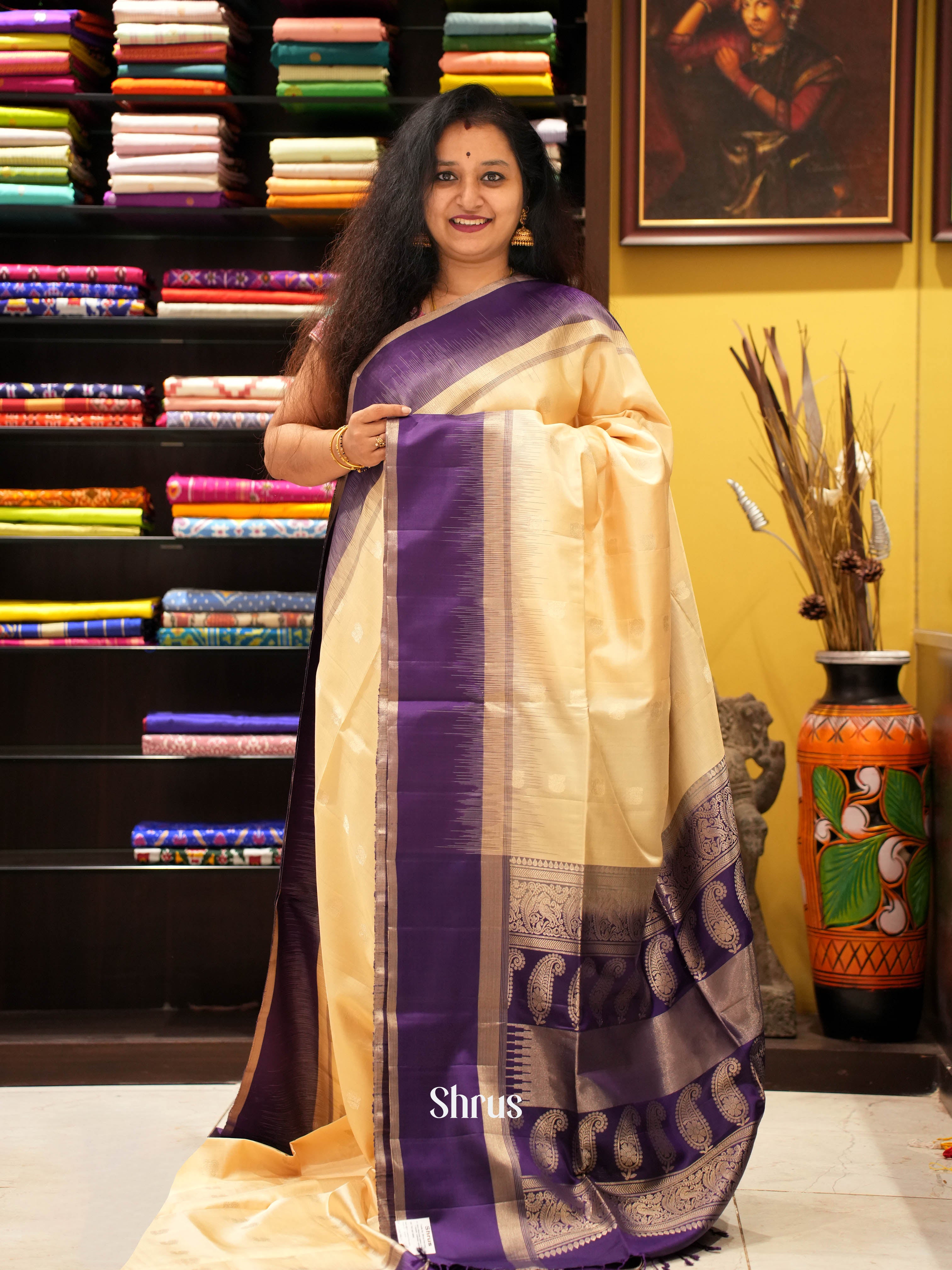 Cream & Violet - Soft Silk Saree