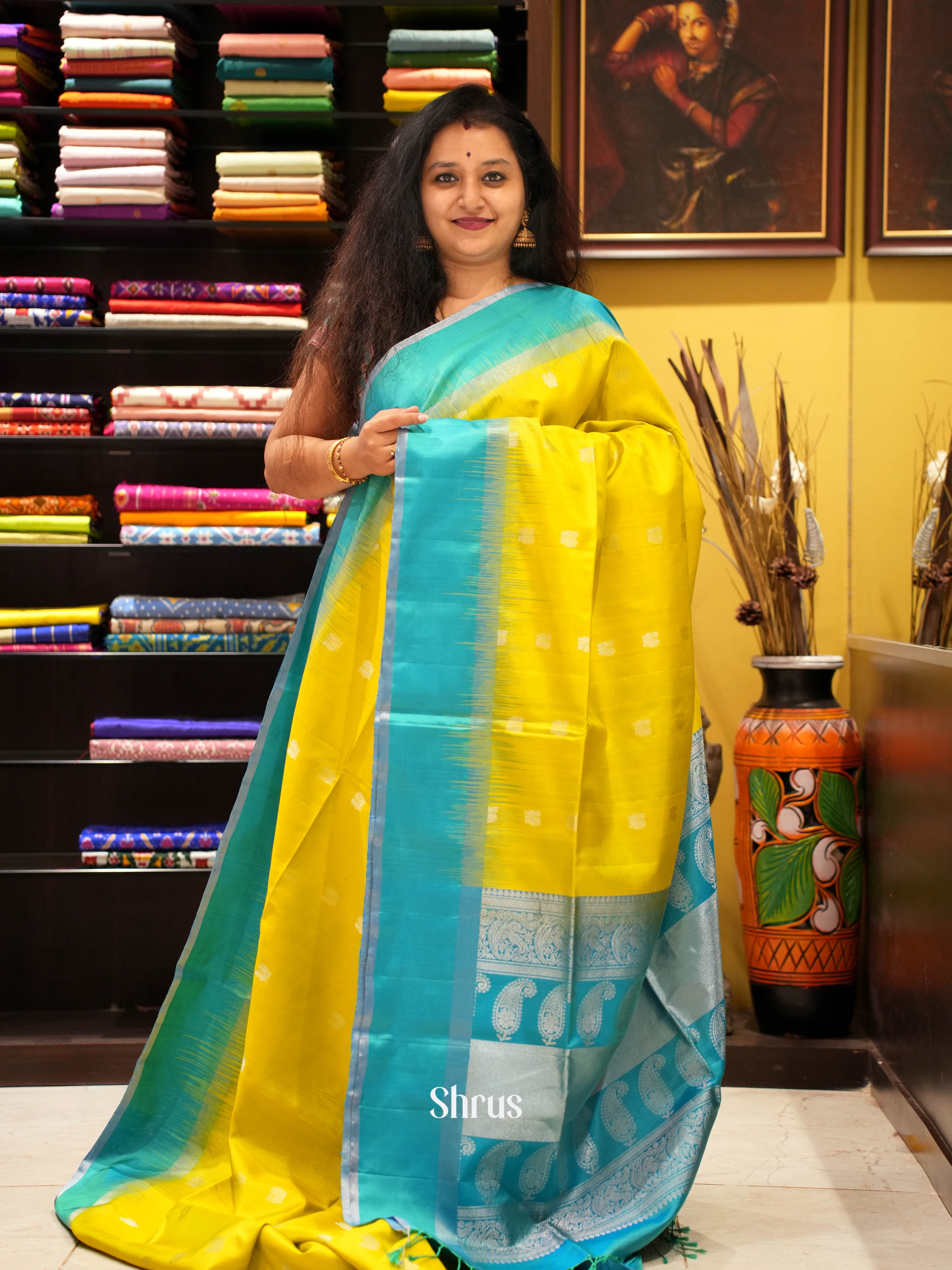 Yellow & Blue - Soft Silk Saree