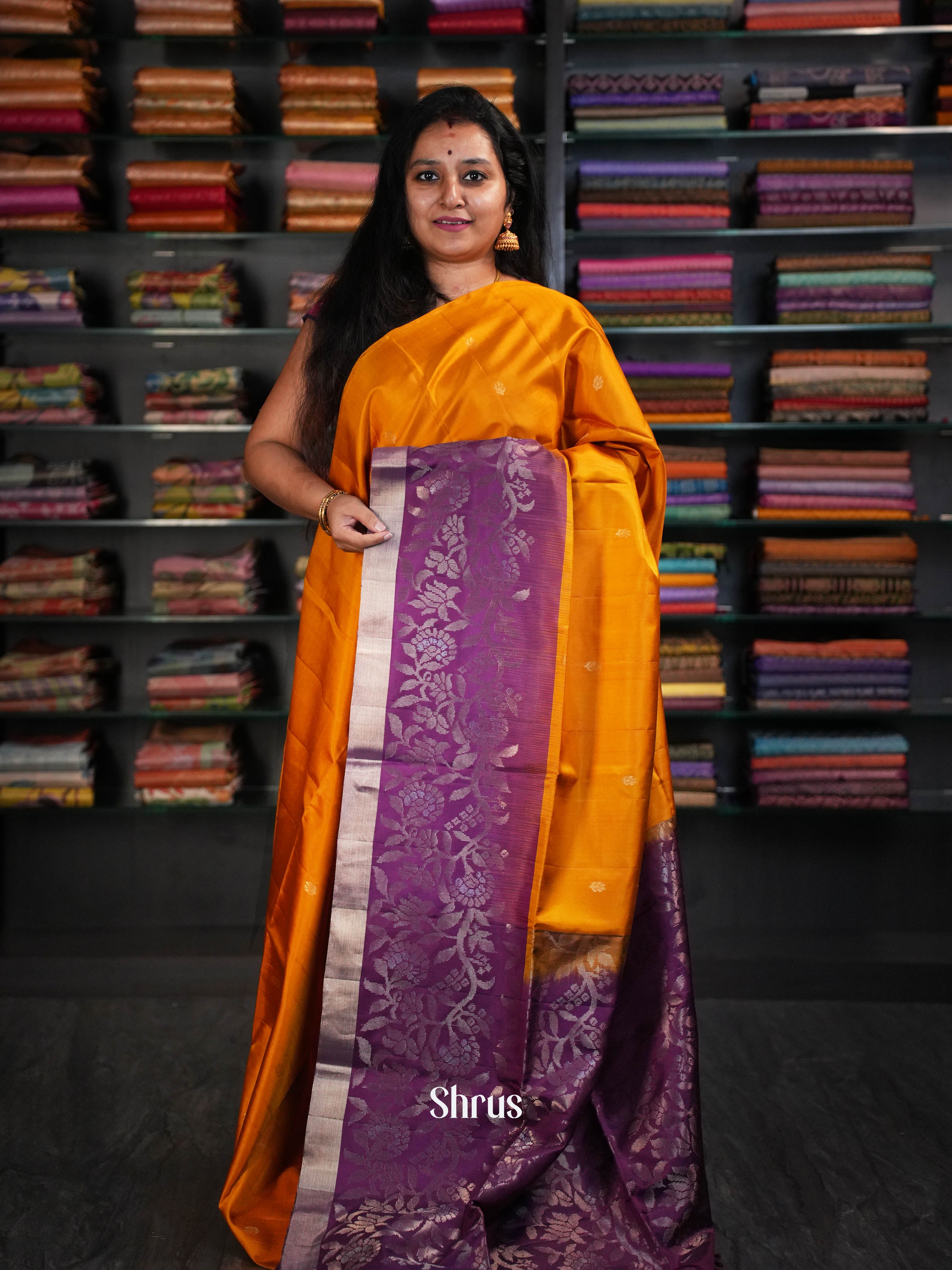 Golden Orange & Burgundy  - Soft Silk Saree