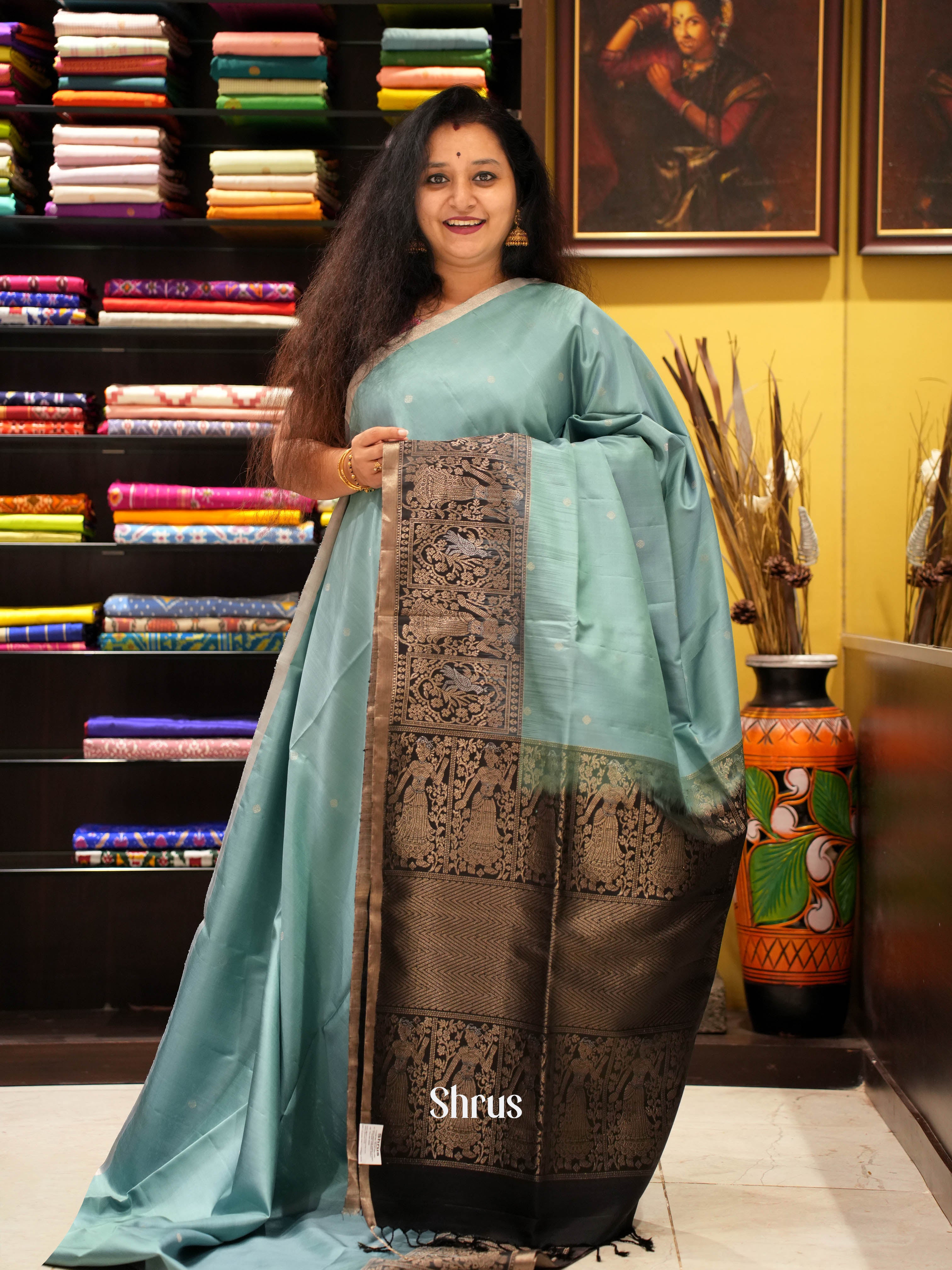 Pastel Blue & Black - Soft Silk Saree