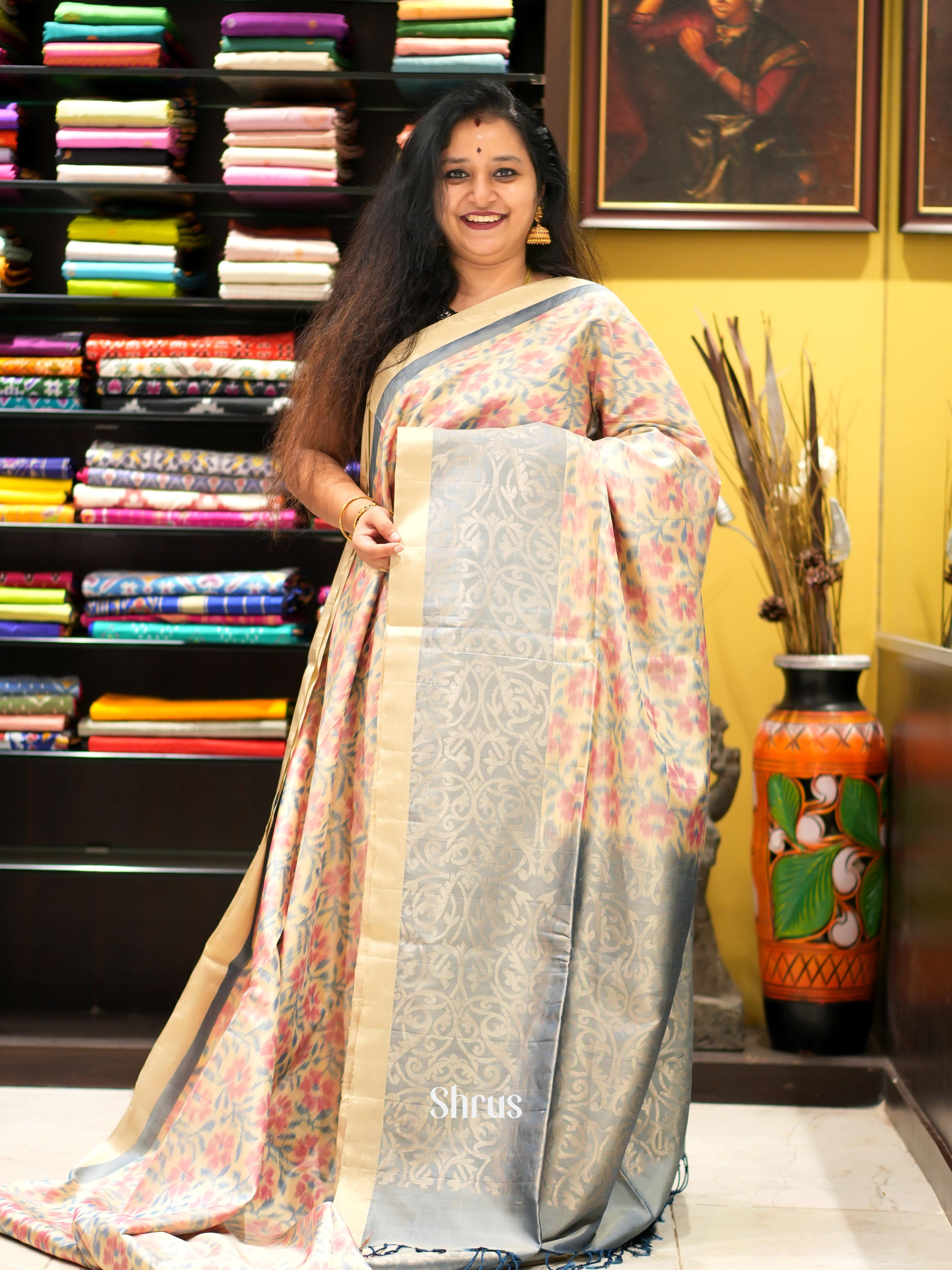 Peach & Grey -  Soft Silk Saree