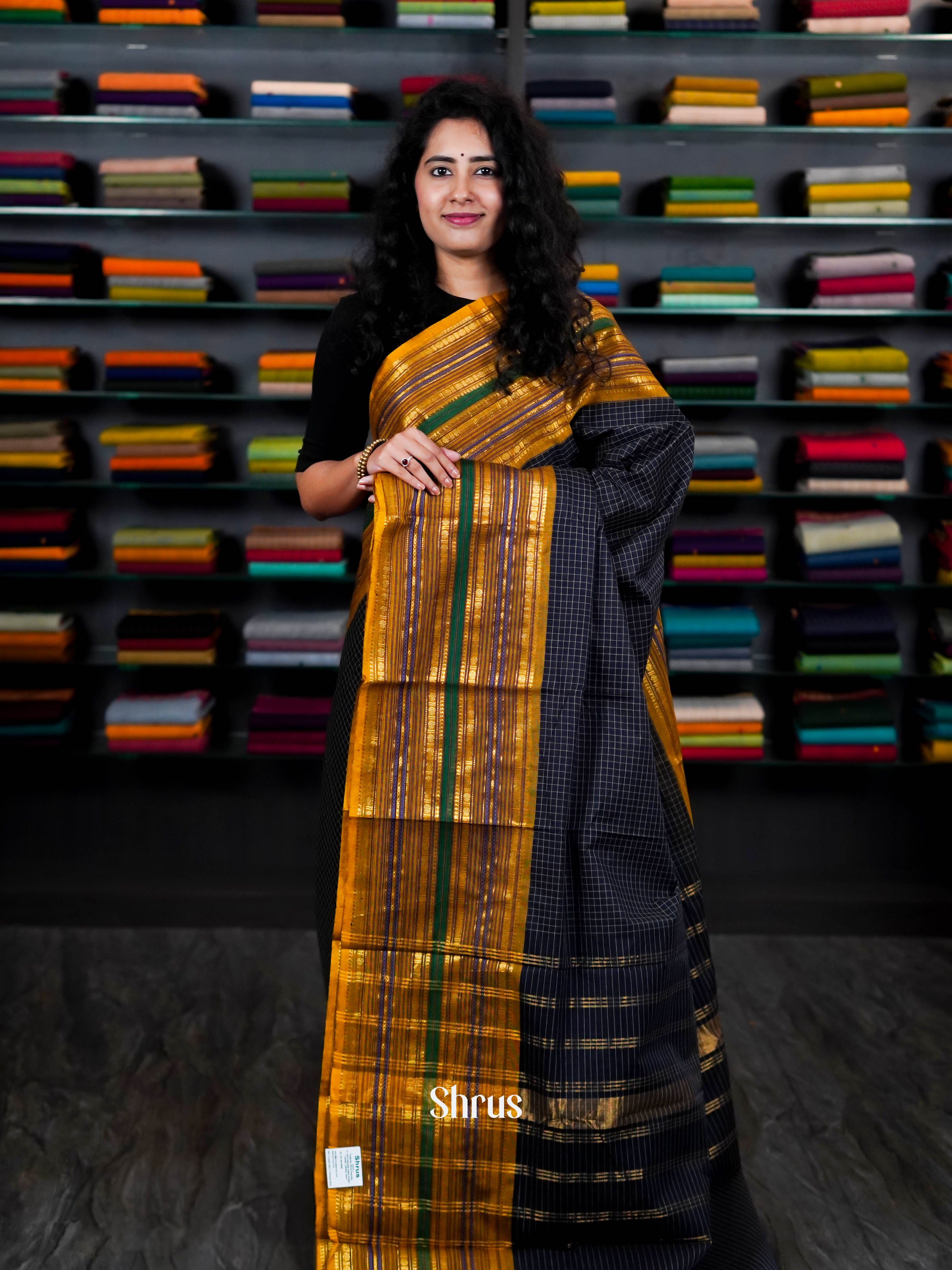 Navy Blue & Brown - Chettinad Cotton Saree