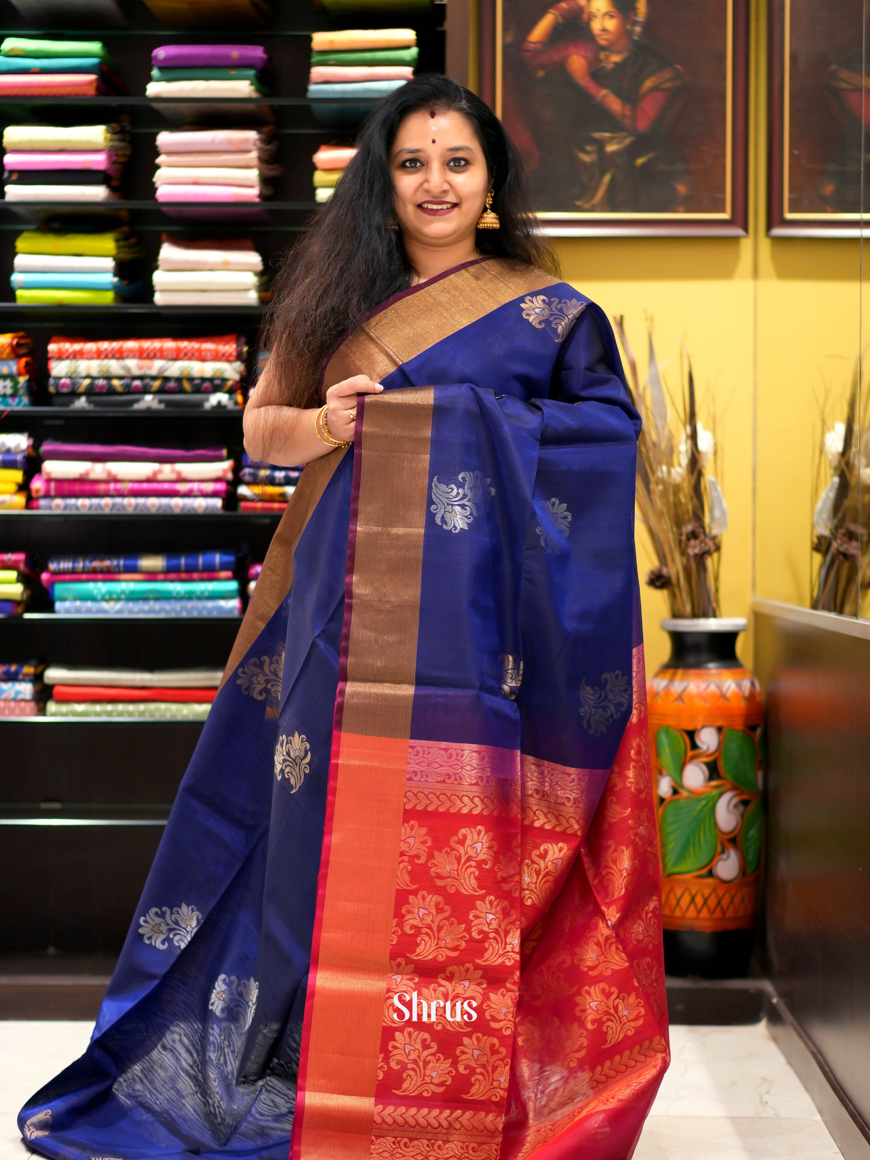 Blue & Red - Silk Cotton Saree