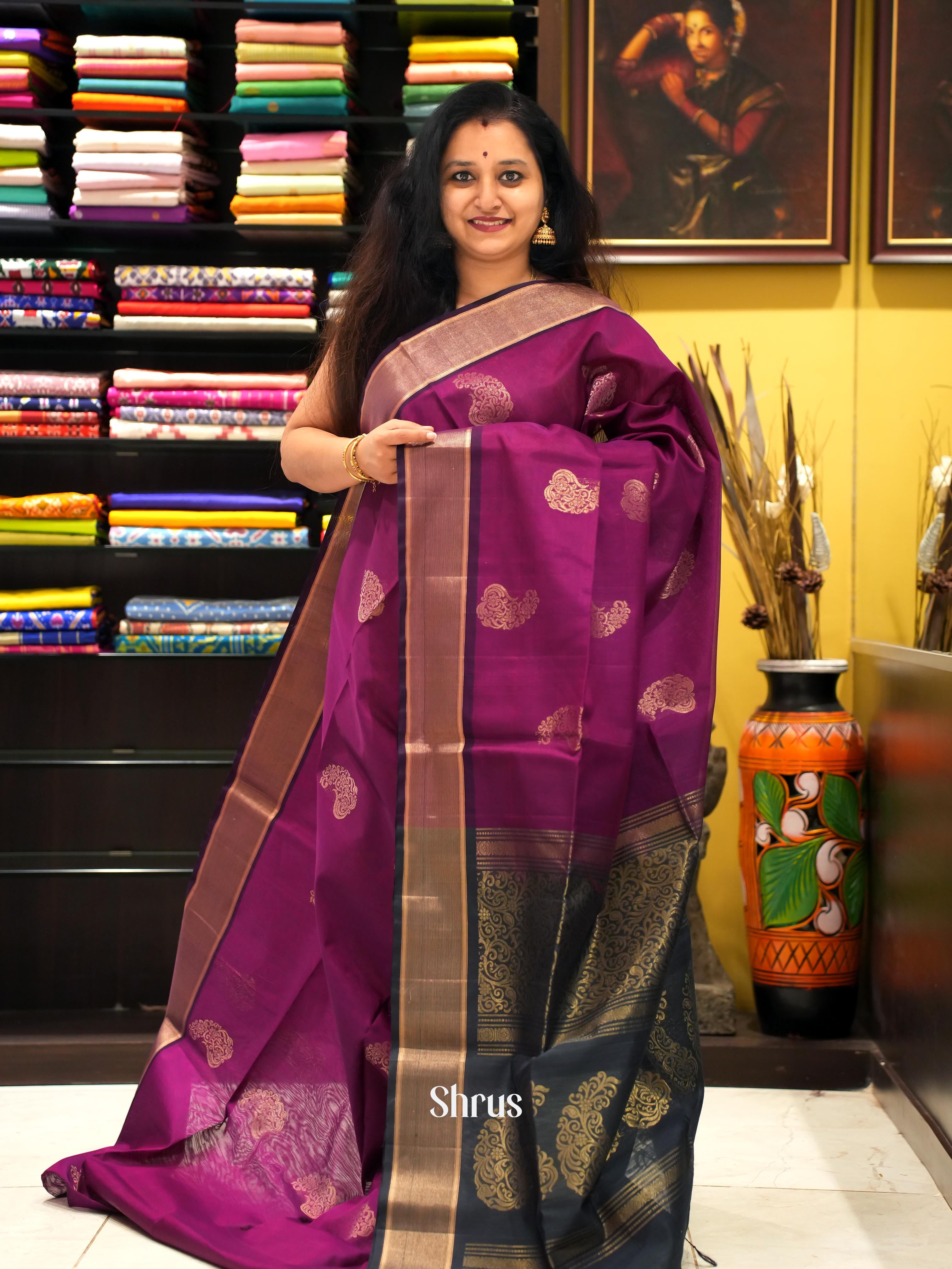 Purple & Black - Silk cotton Saree