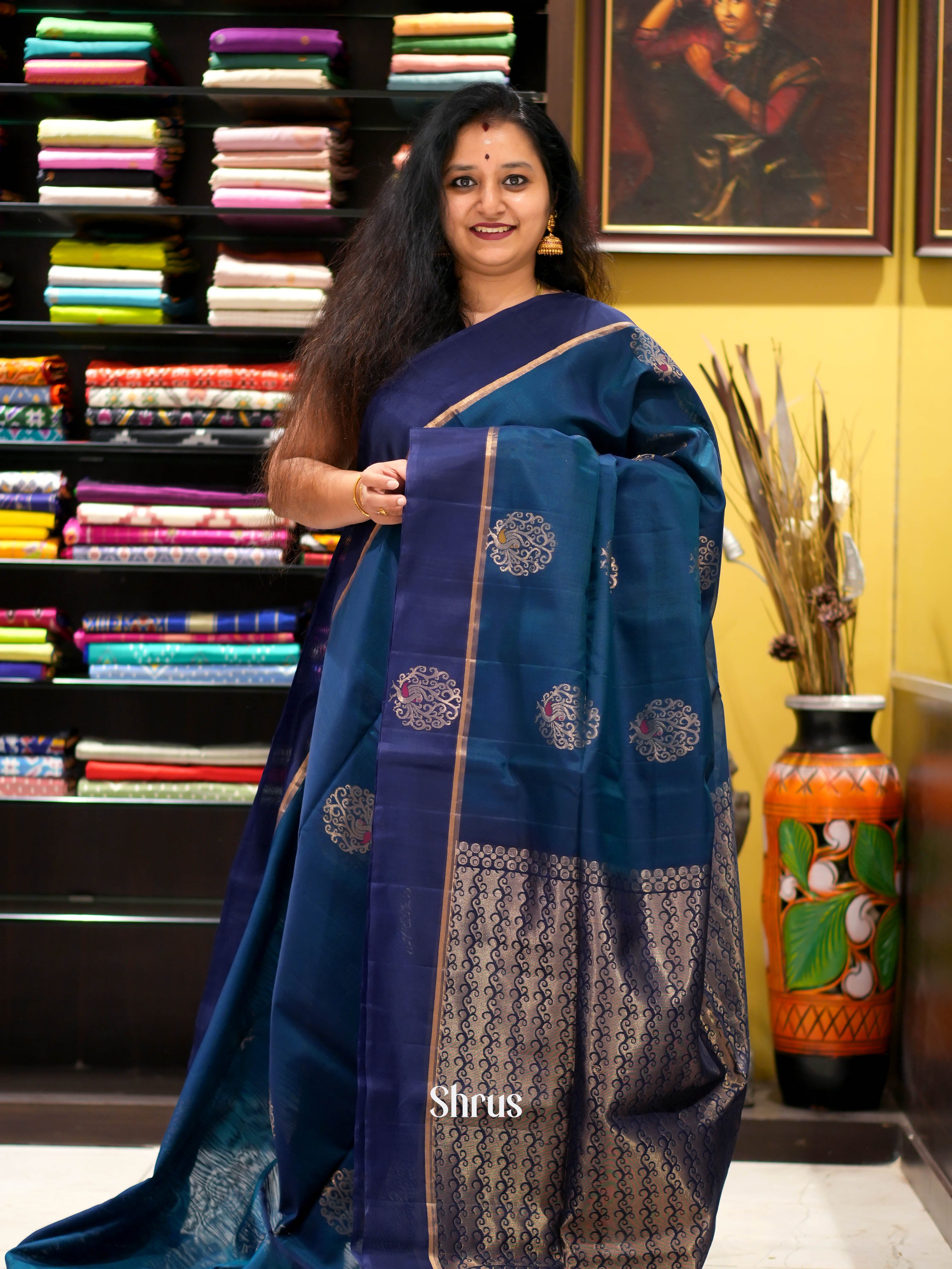 Peacock Blue & Blue- Silk Cotton Saree