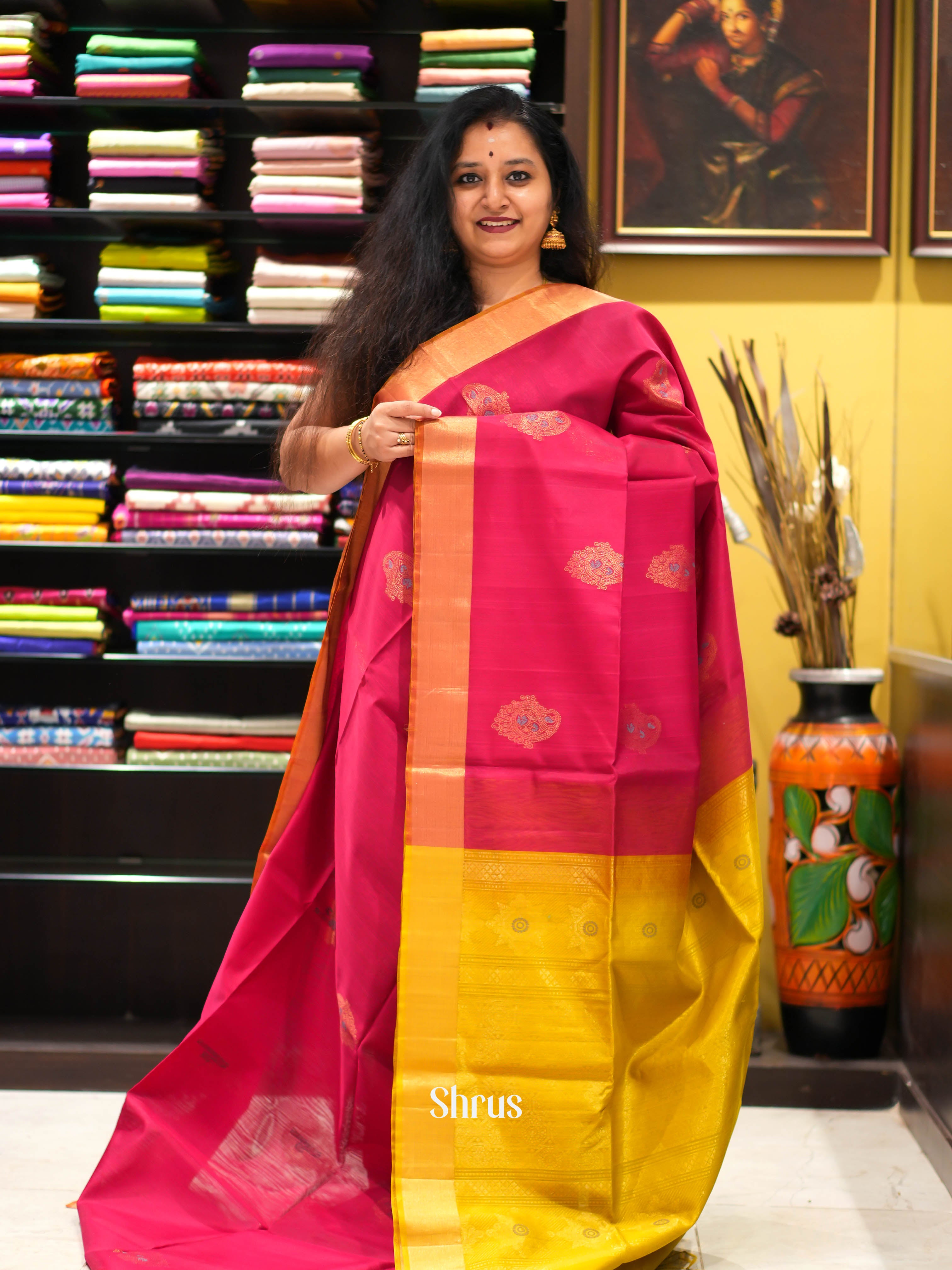 Red & Mustardy green - Silk Cotton Saree