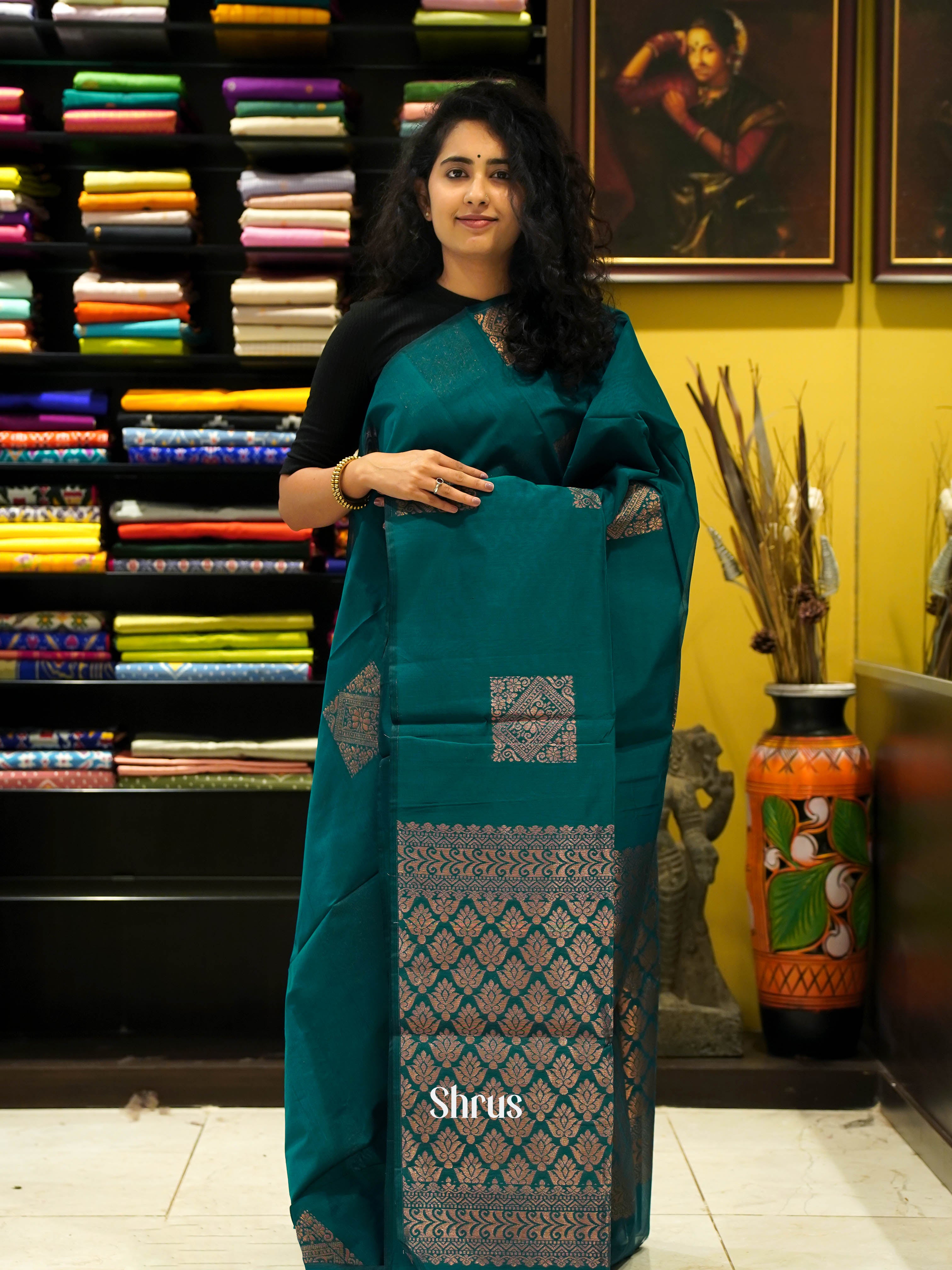 Green(Single tone)- Semi Silk cotton Saree