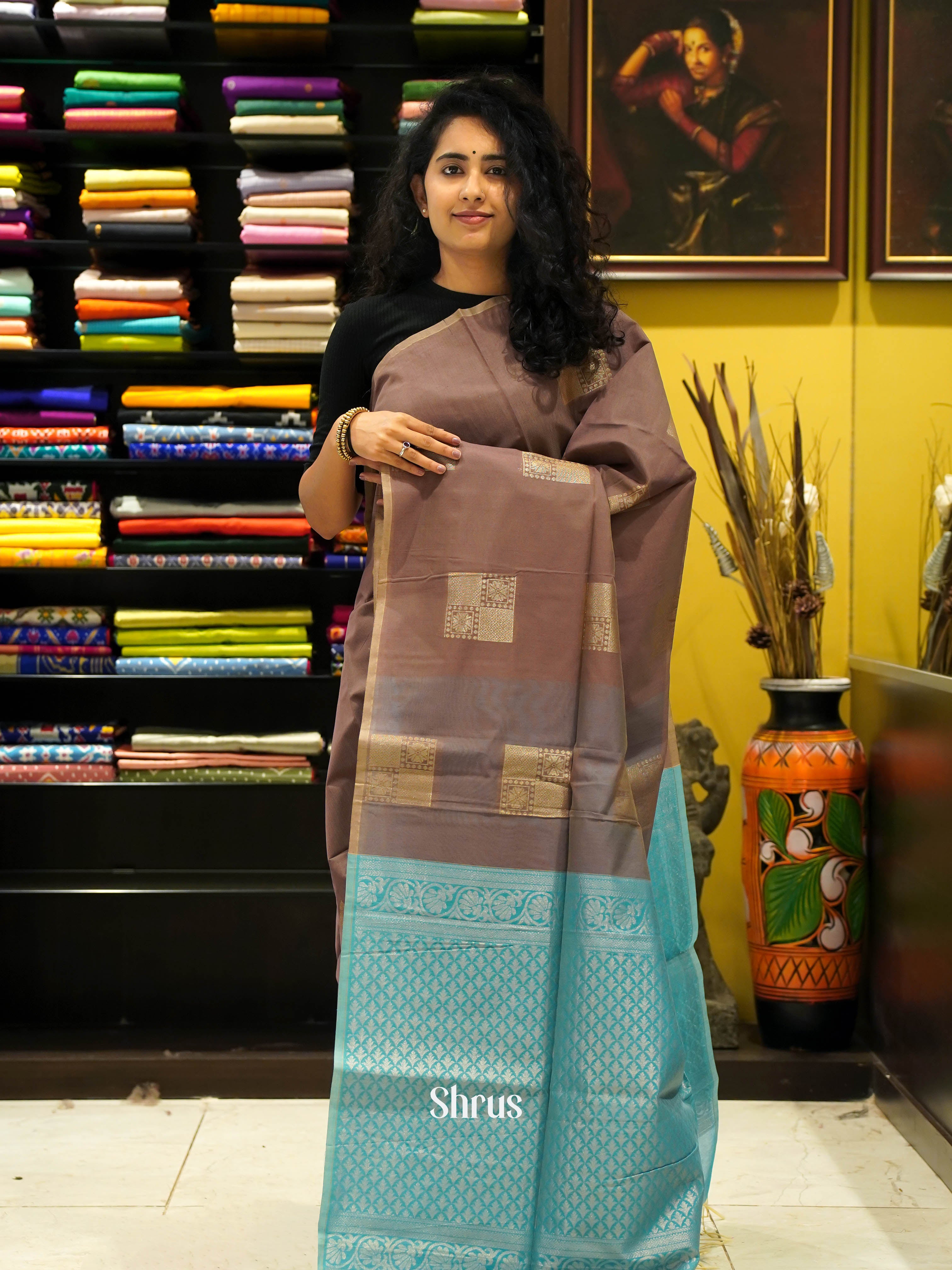 Brown & Blue - Semi Silk cotton saree