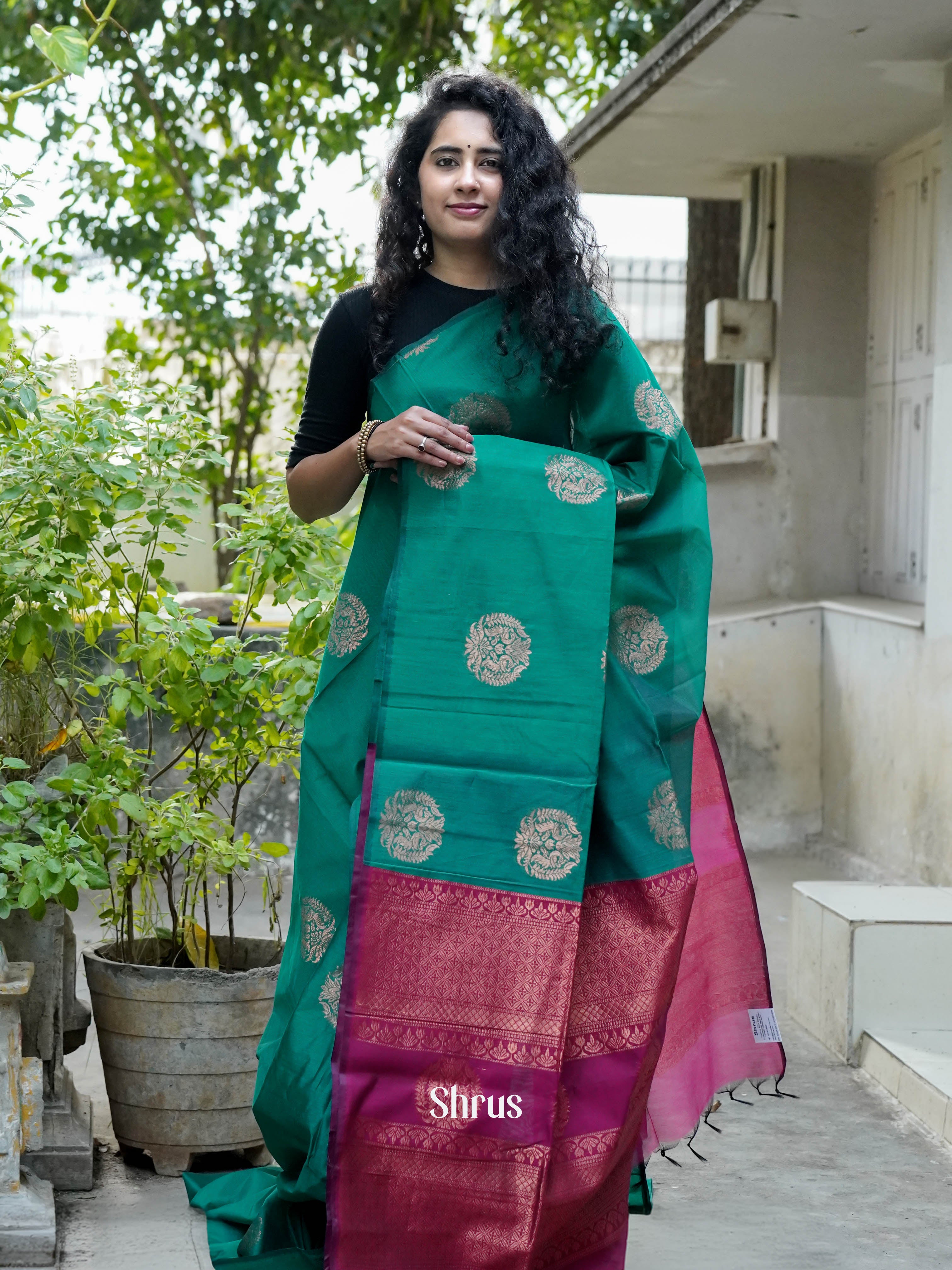 Green & Rosy Red  - Semi Silkcotton Saree