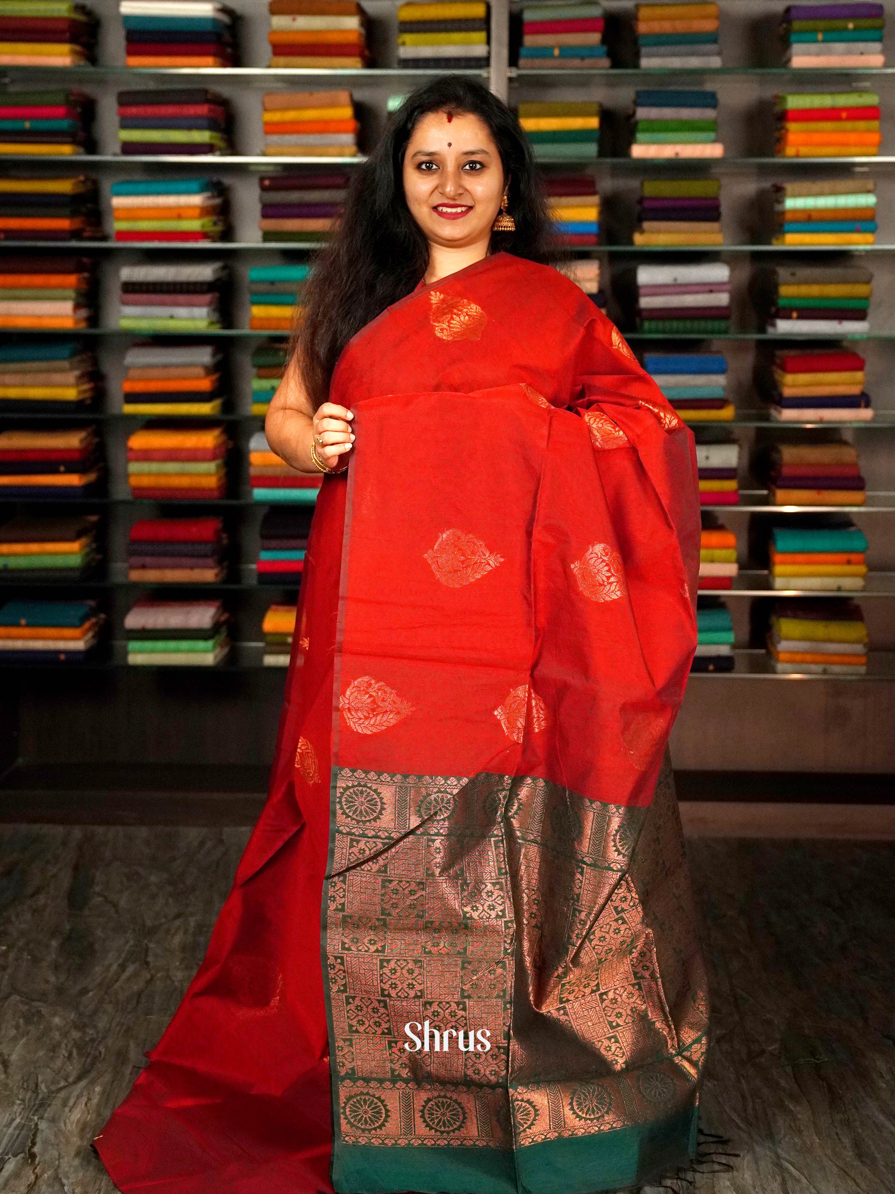 Red & green - Semi Silkcotton saree