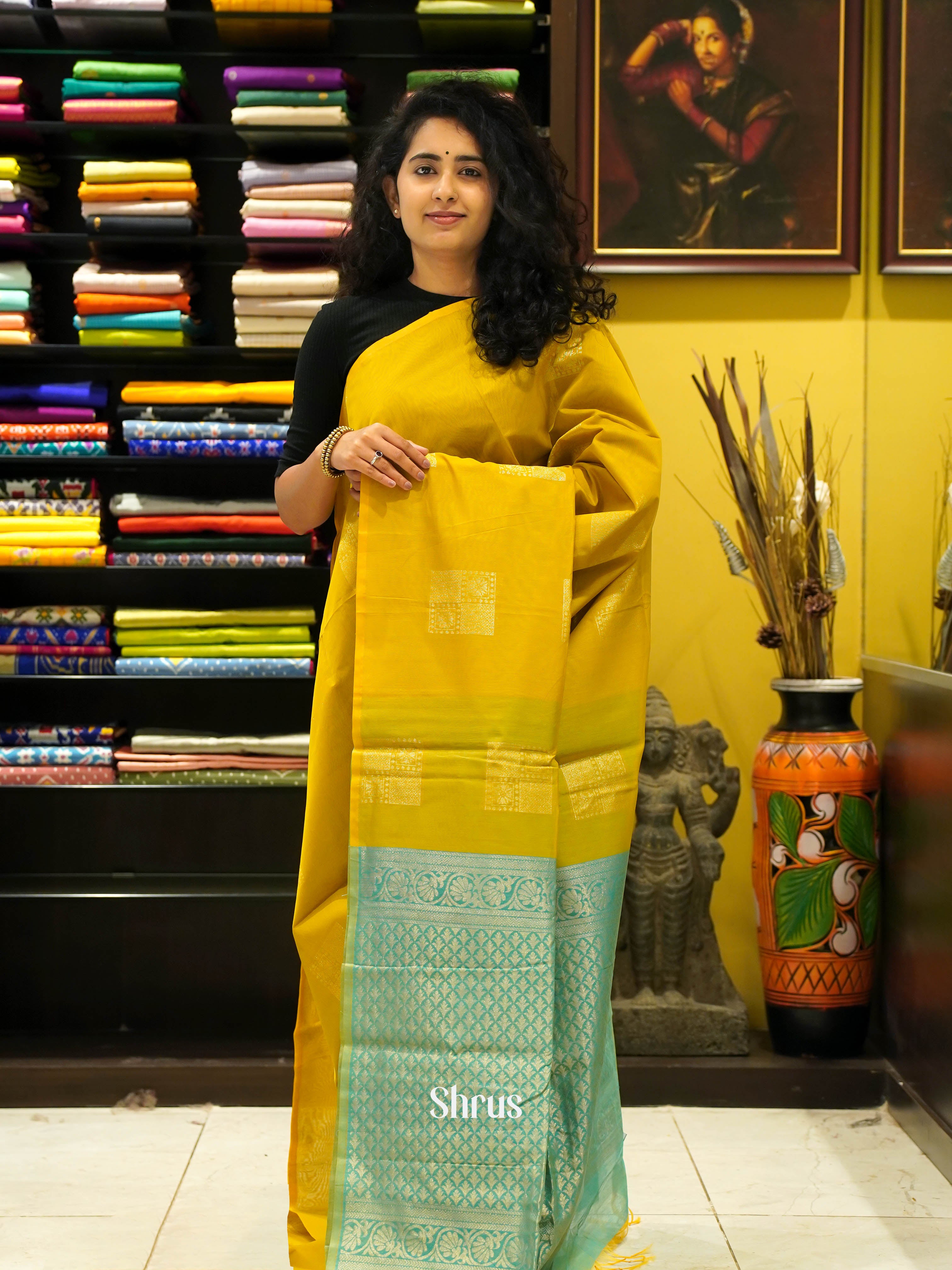 Yellow & Green - Semi Silk cotton saree