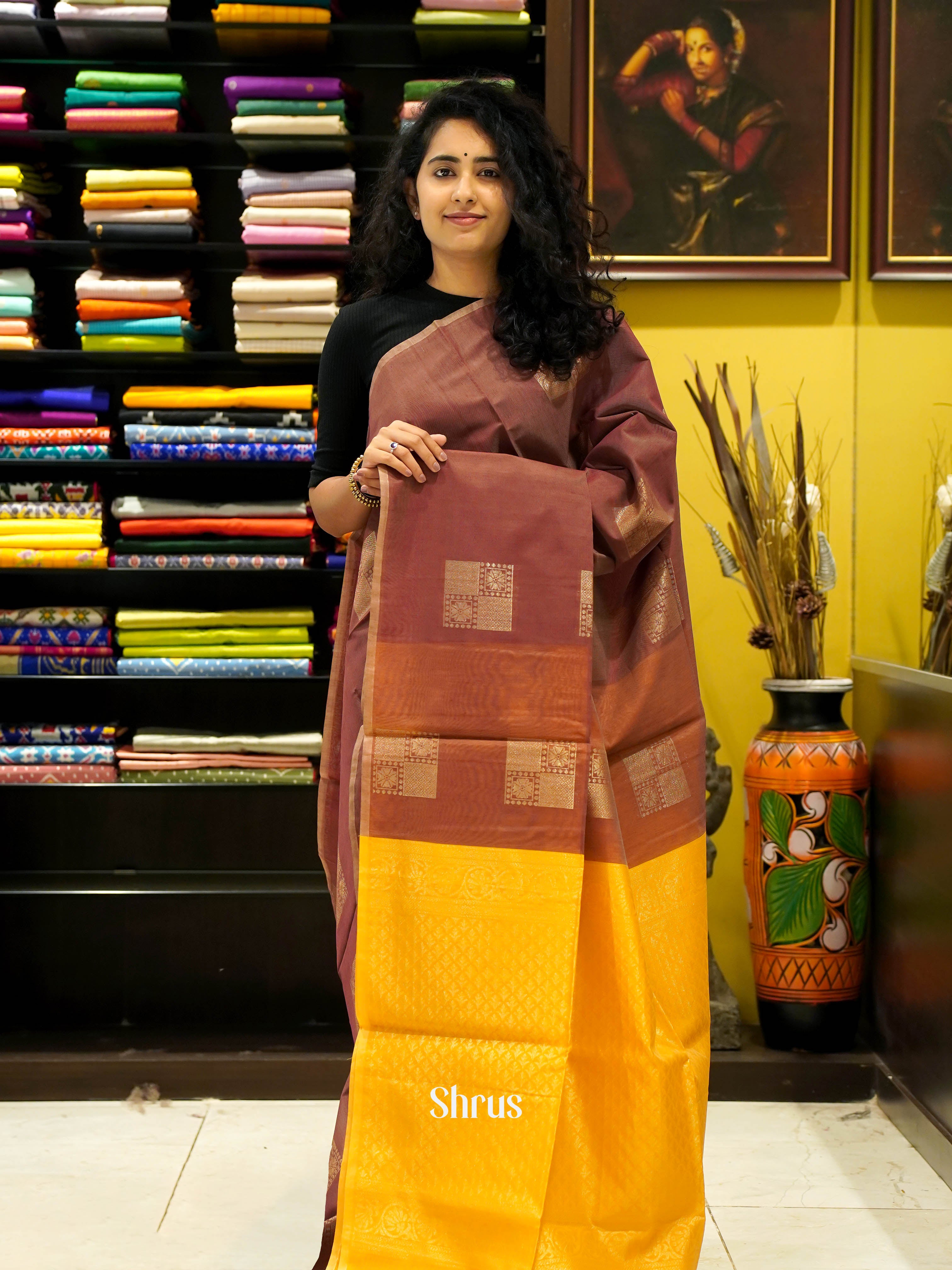 Brown &  Yellow - Semi Silkcotton saree