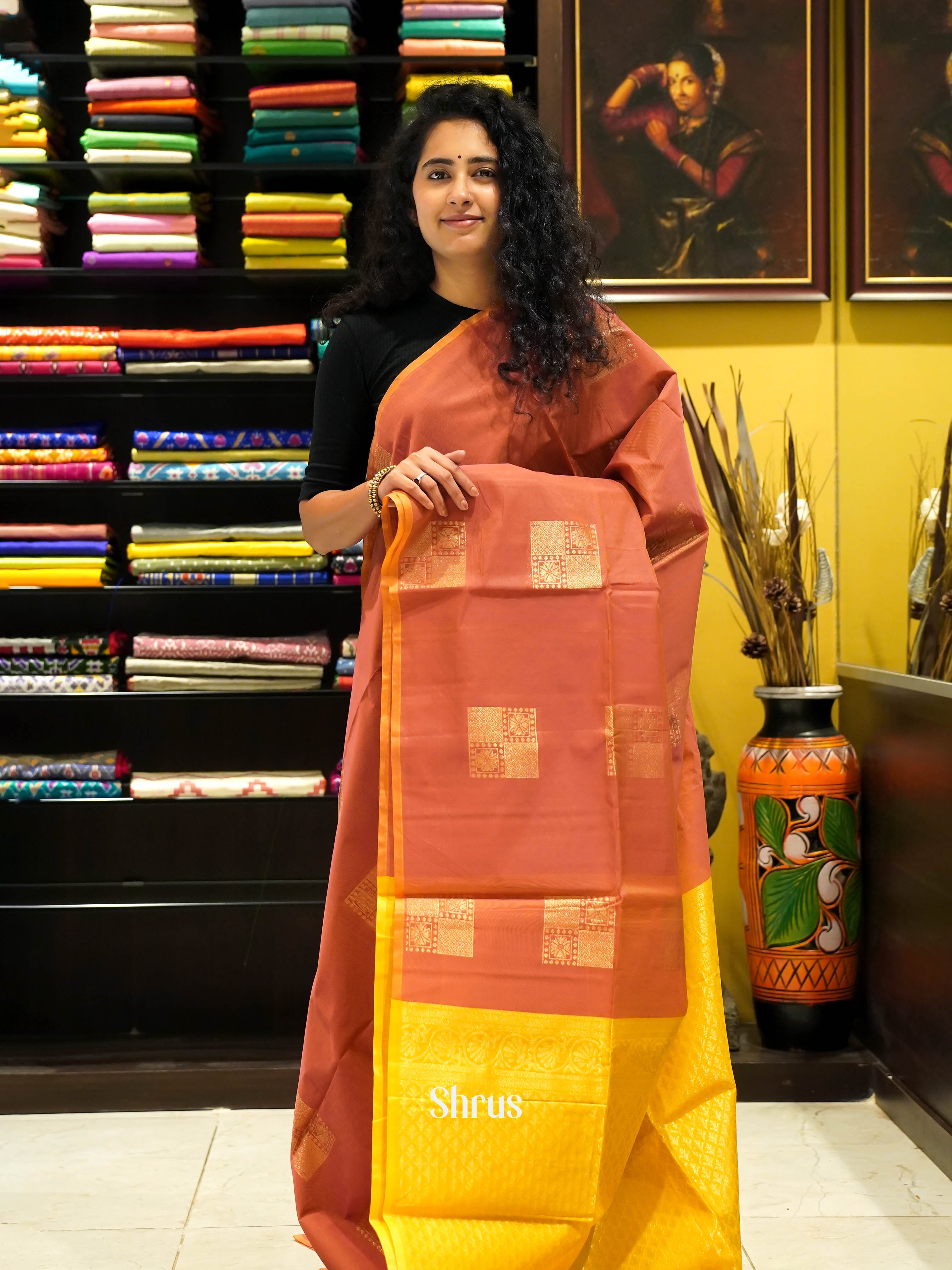 Brick & Yellow - Semi Silkcotton Saree