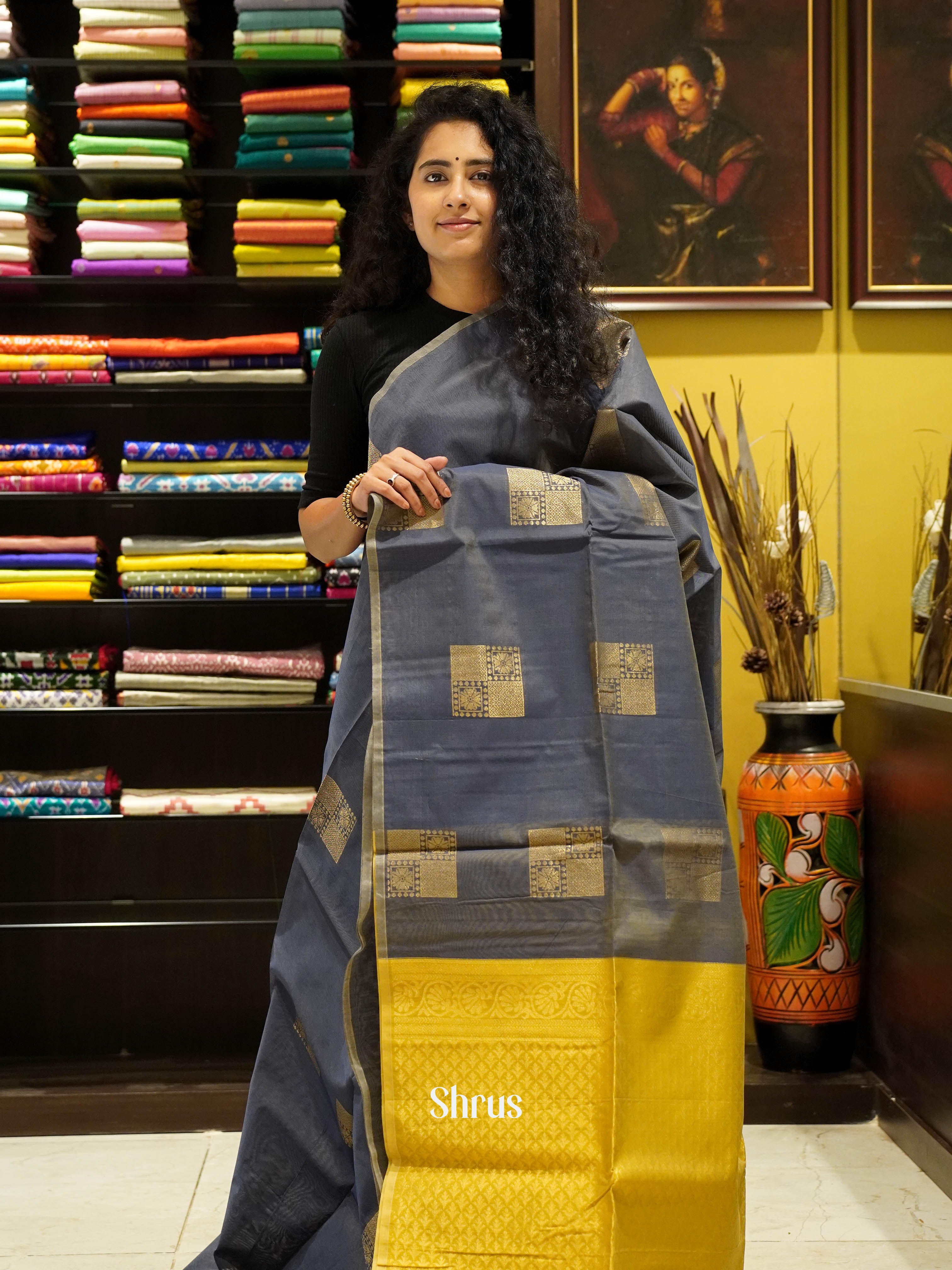 Grey & Yellow - Semi Silkcotton Saree