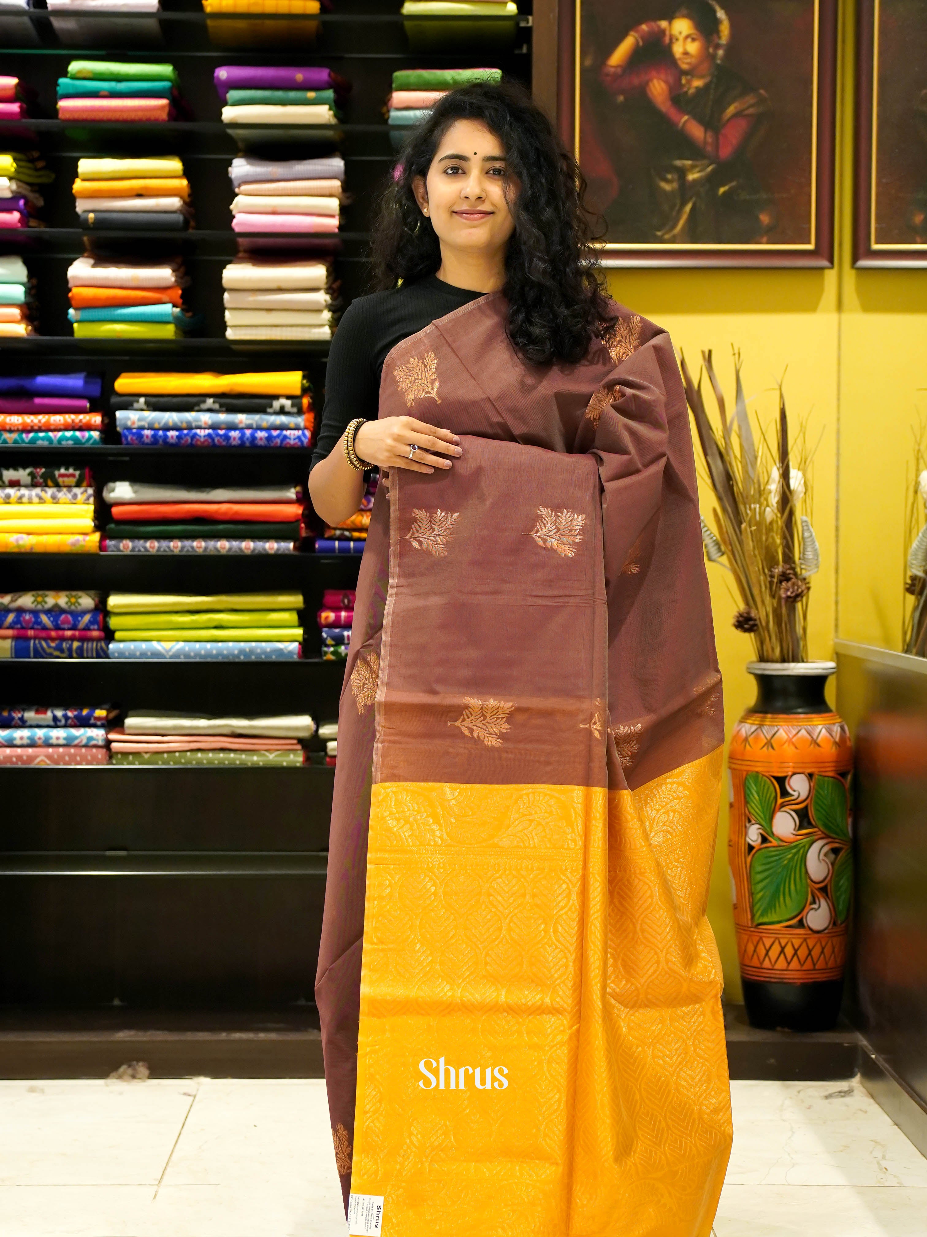 Brown & Yellow - Semi Silkcotton saree