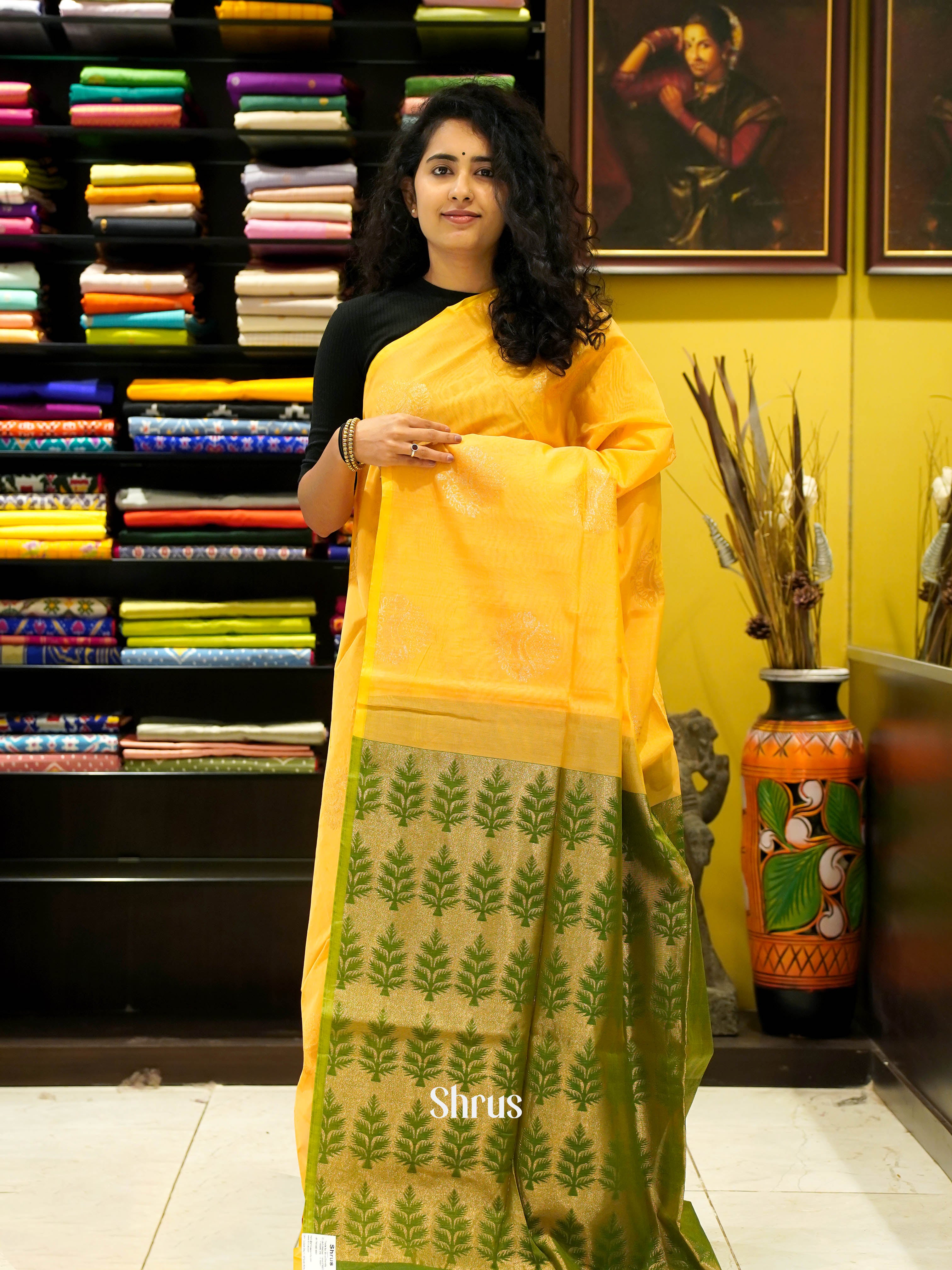 Yellow & Green - Semi Silkcotton saree