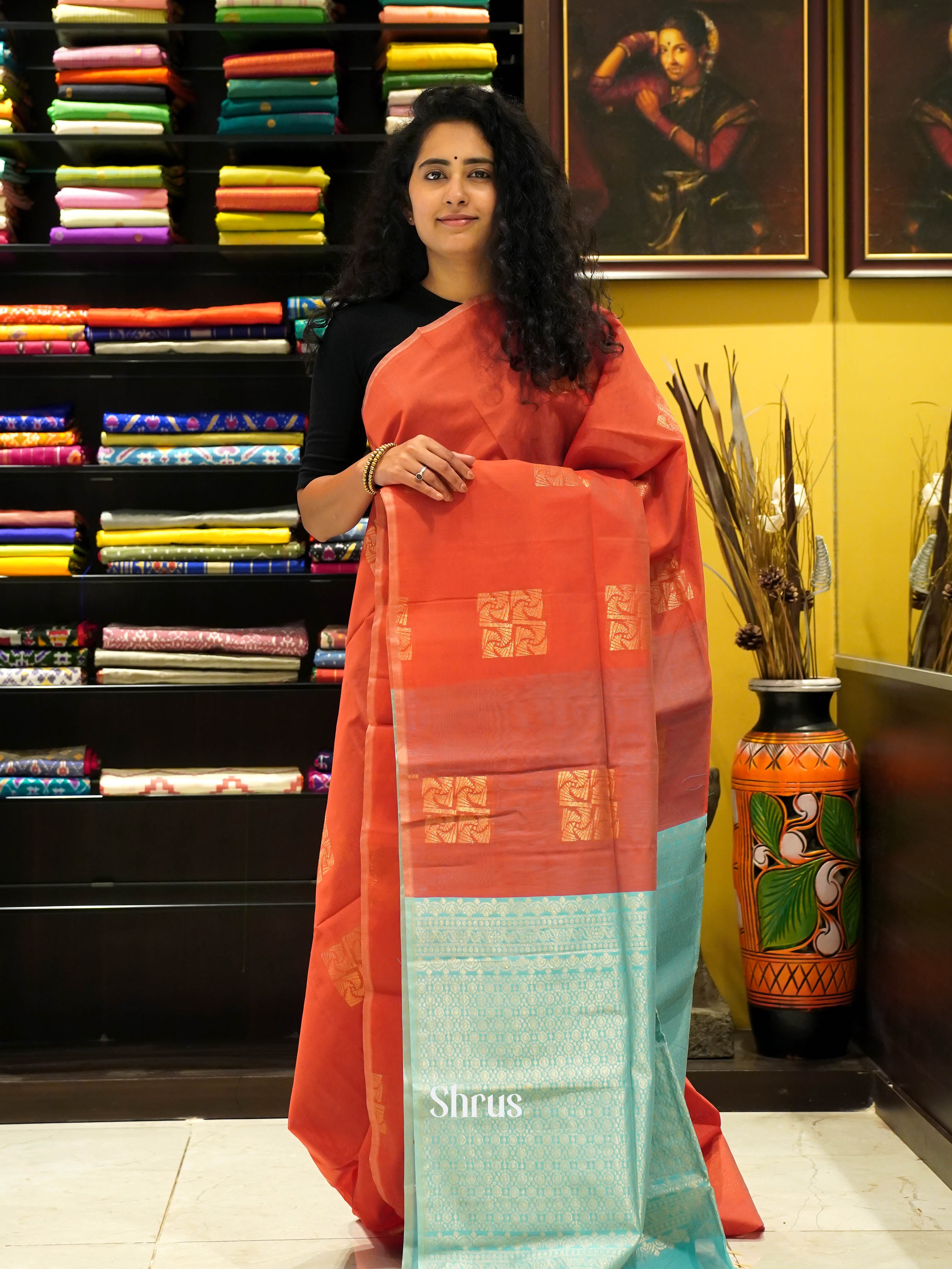 Red & Blue  - Semi Silkcotton Saree