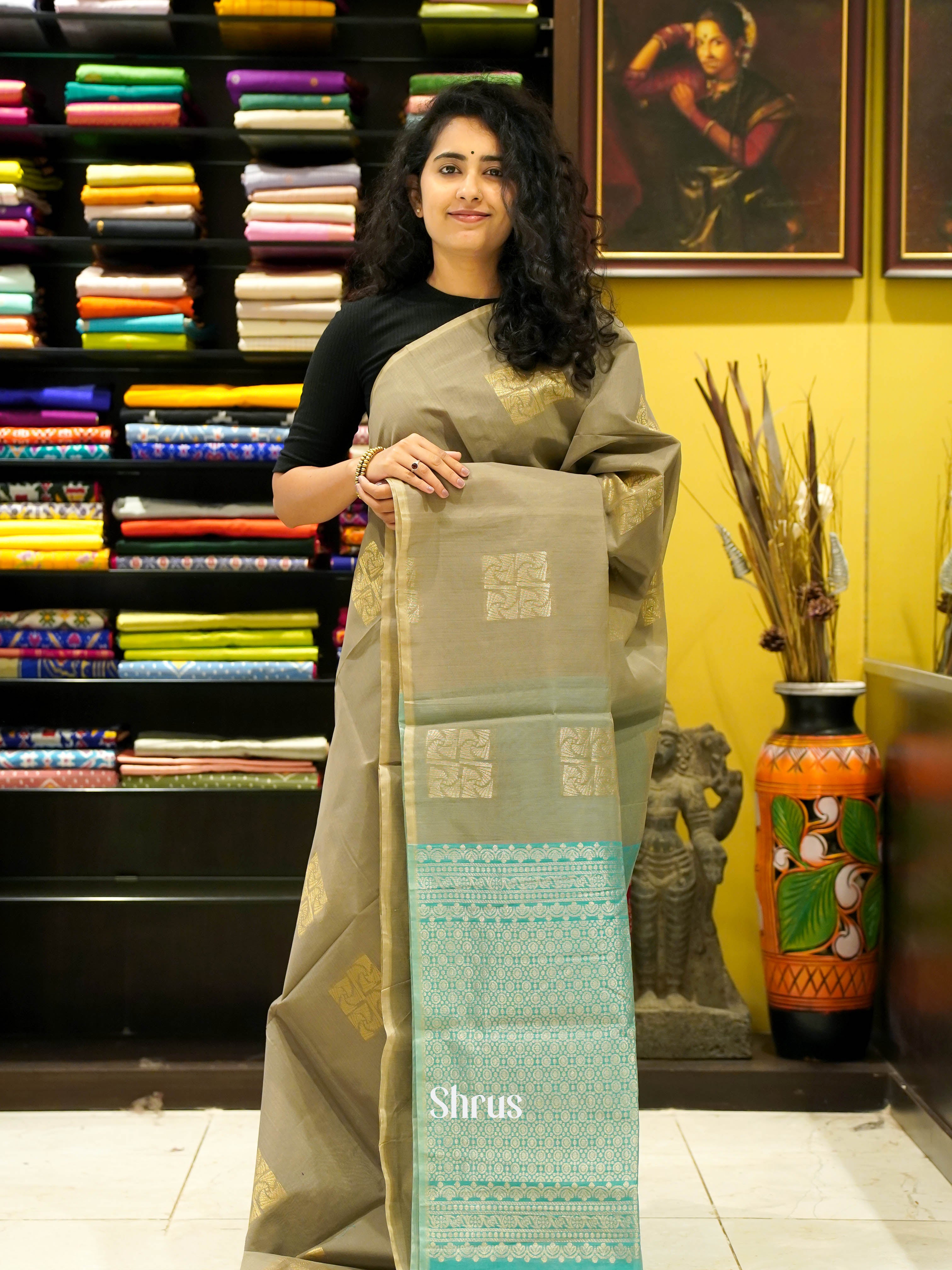 Grey & Green - Semi Silkcotton saree