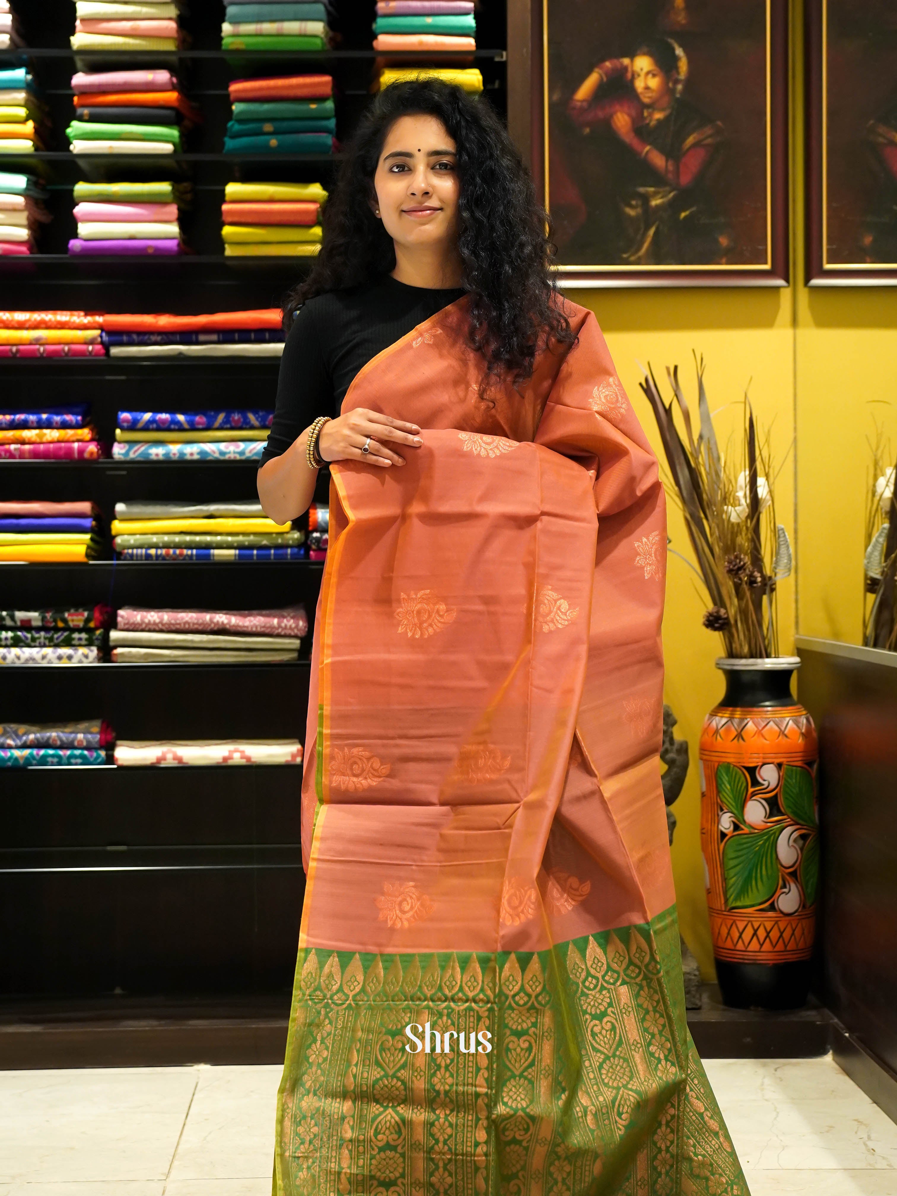 Brick  & Green - Semi Silkcotton Saree