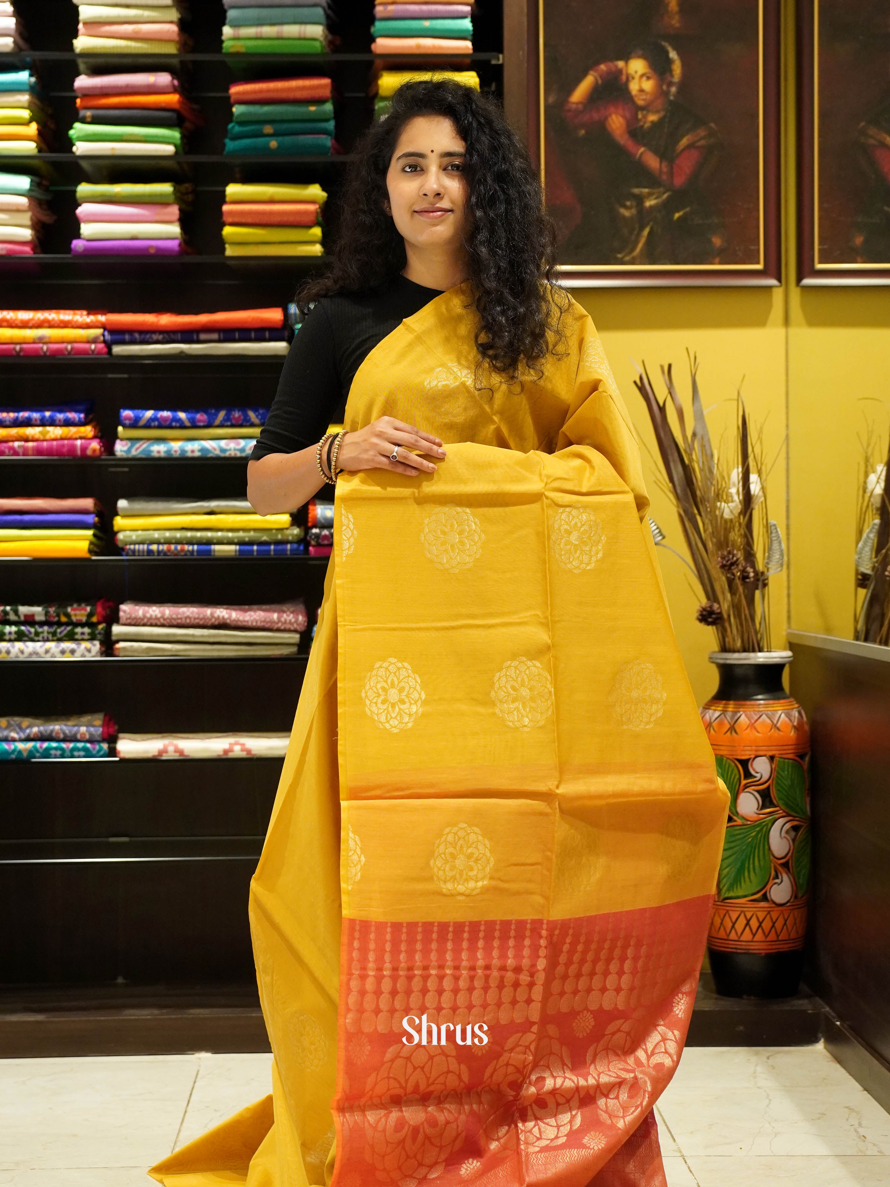 mustard & Orange - Semi Silkcotton Saree