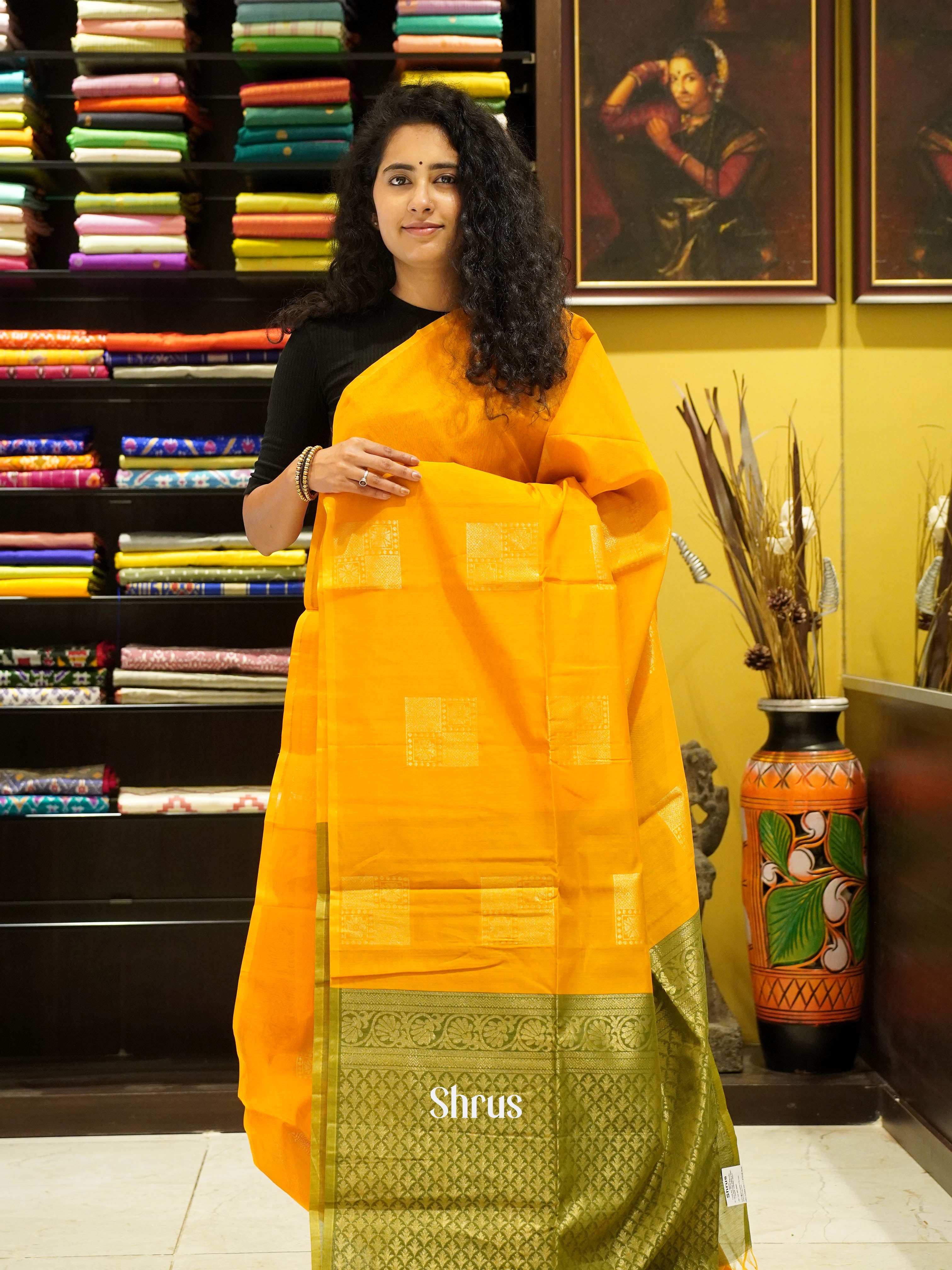 Orange & Green - Semi Silkcotton Saree