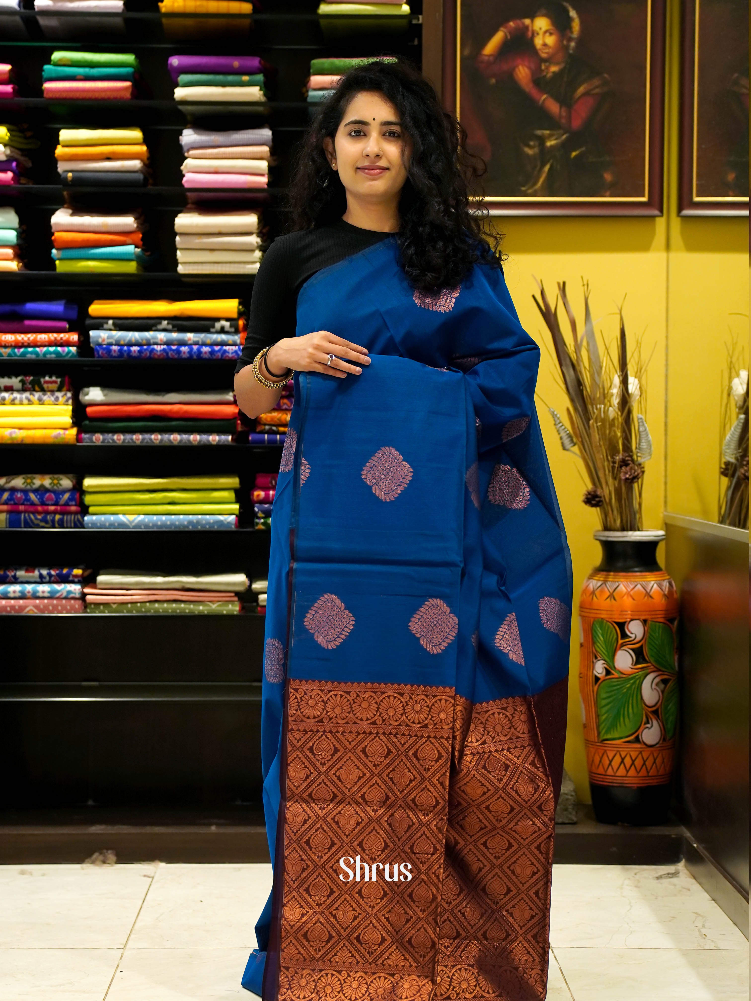 Blue & Brown - Semi Silk cotton saree