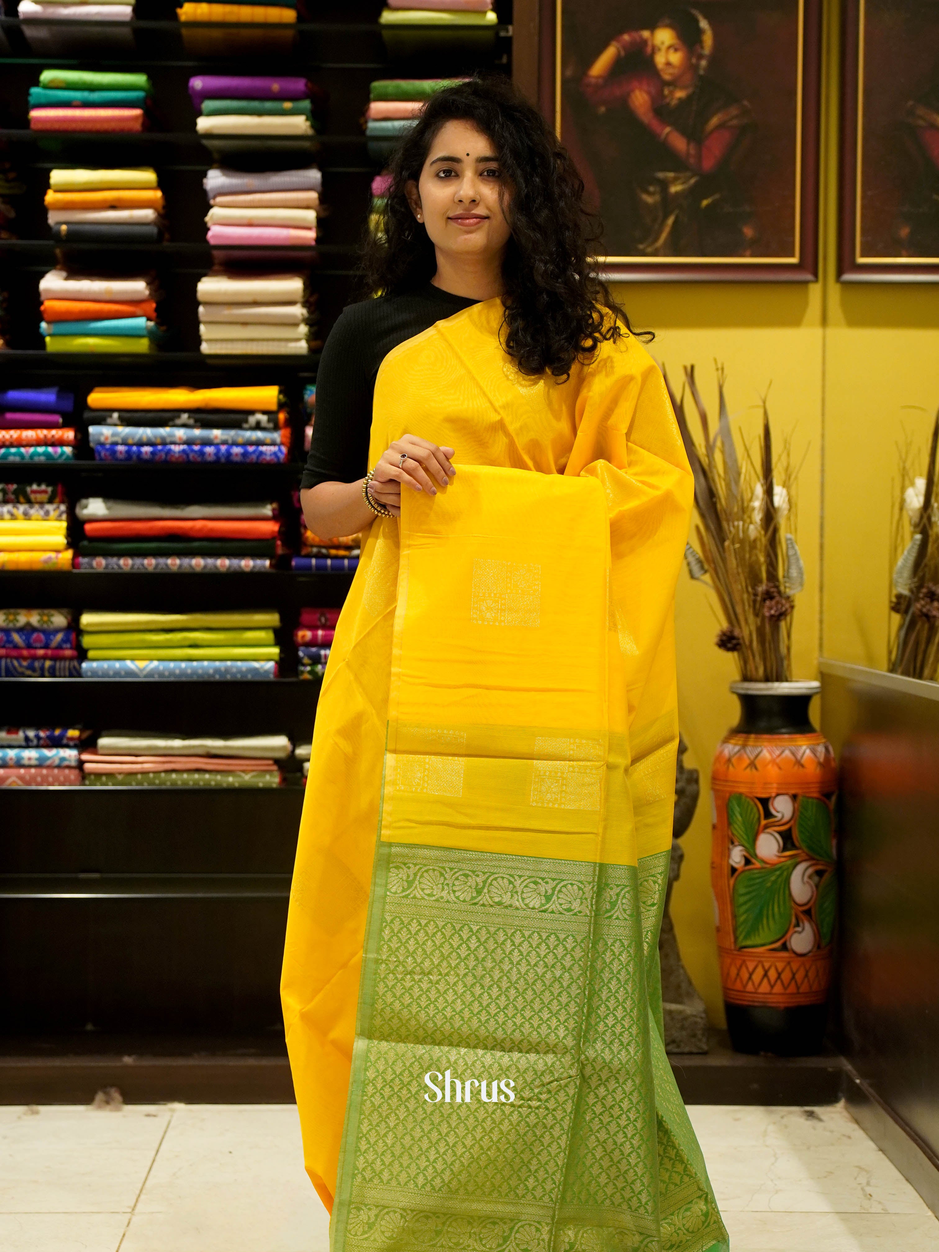 Yellow & Green - Semi Silk cotton Saree