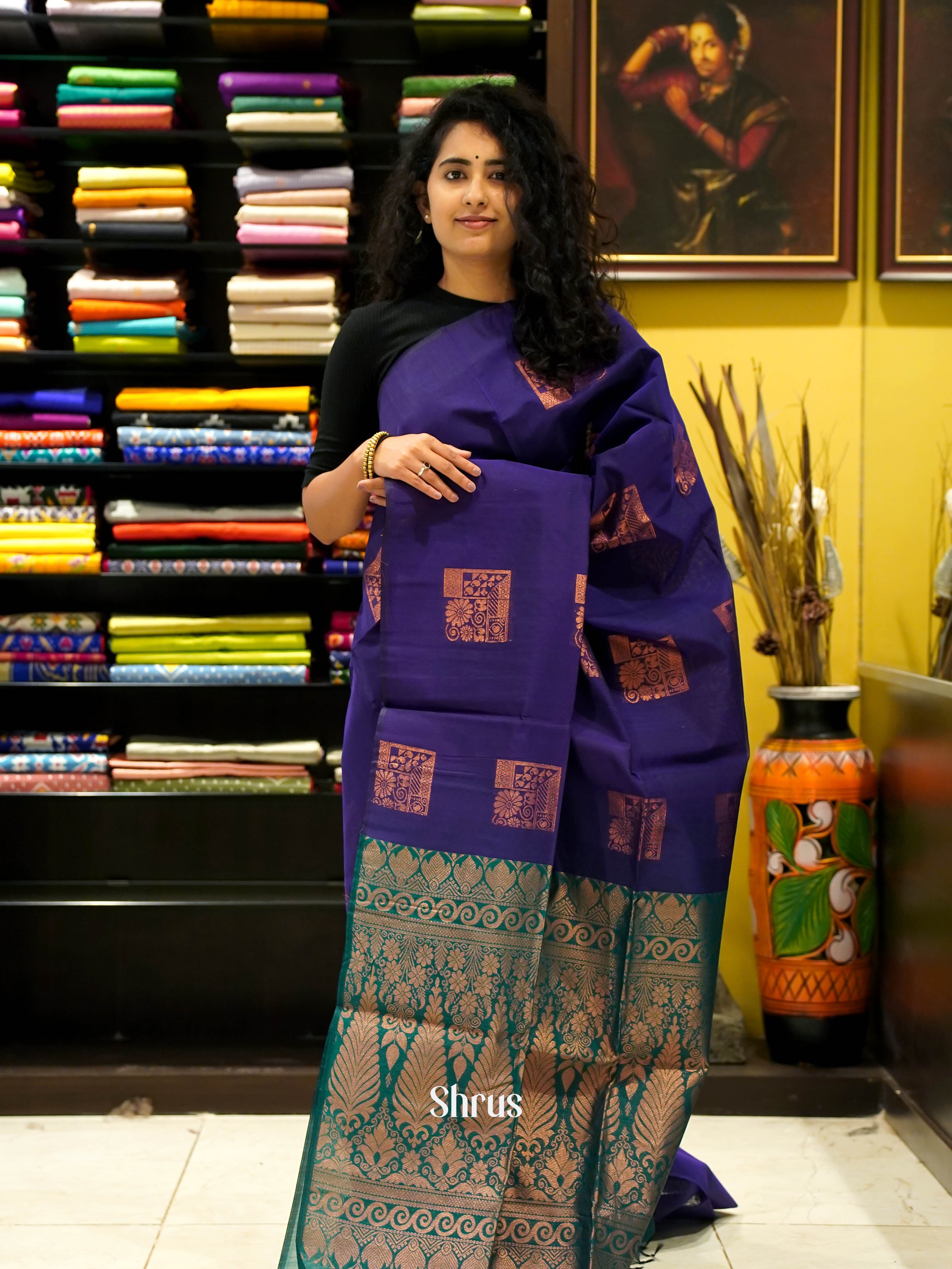 Blue & Green - Semi Silkcotton Saree