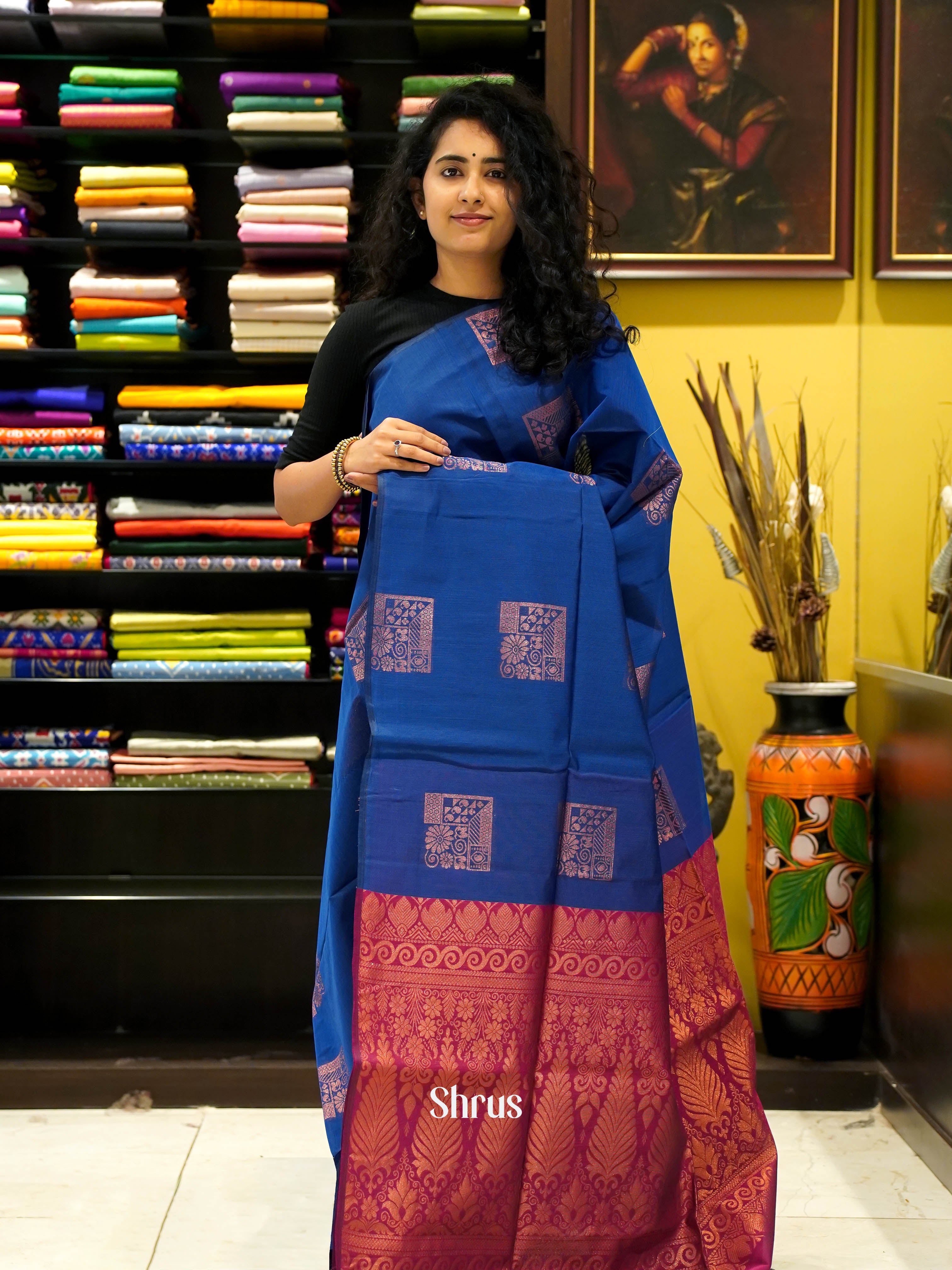 Blue  & Maroon - Semi Silkcotton Saree