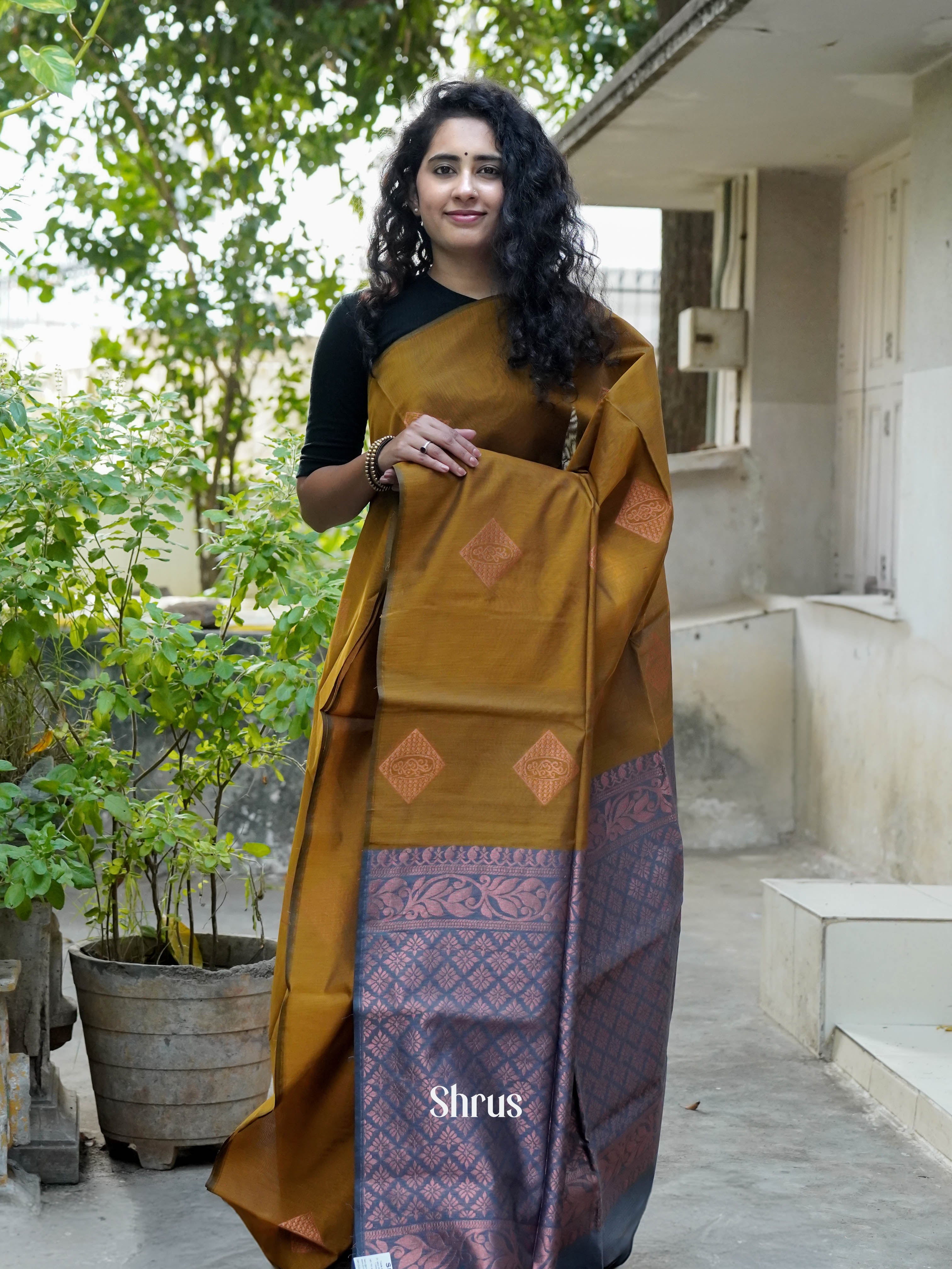 Dark Mustard & Grey - Semi Silkcotton Saree