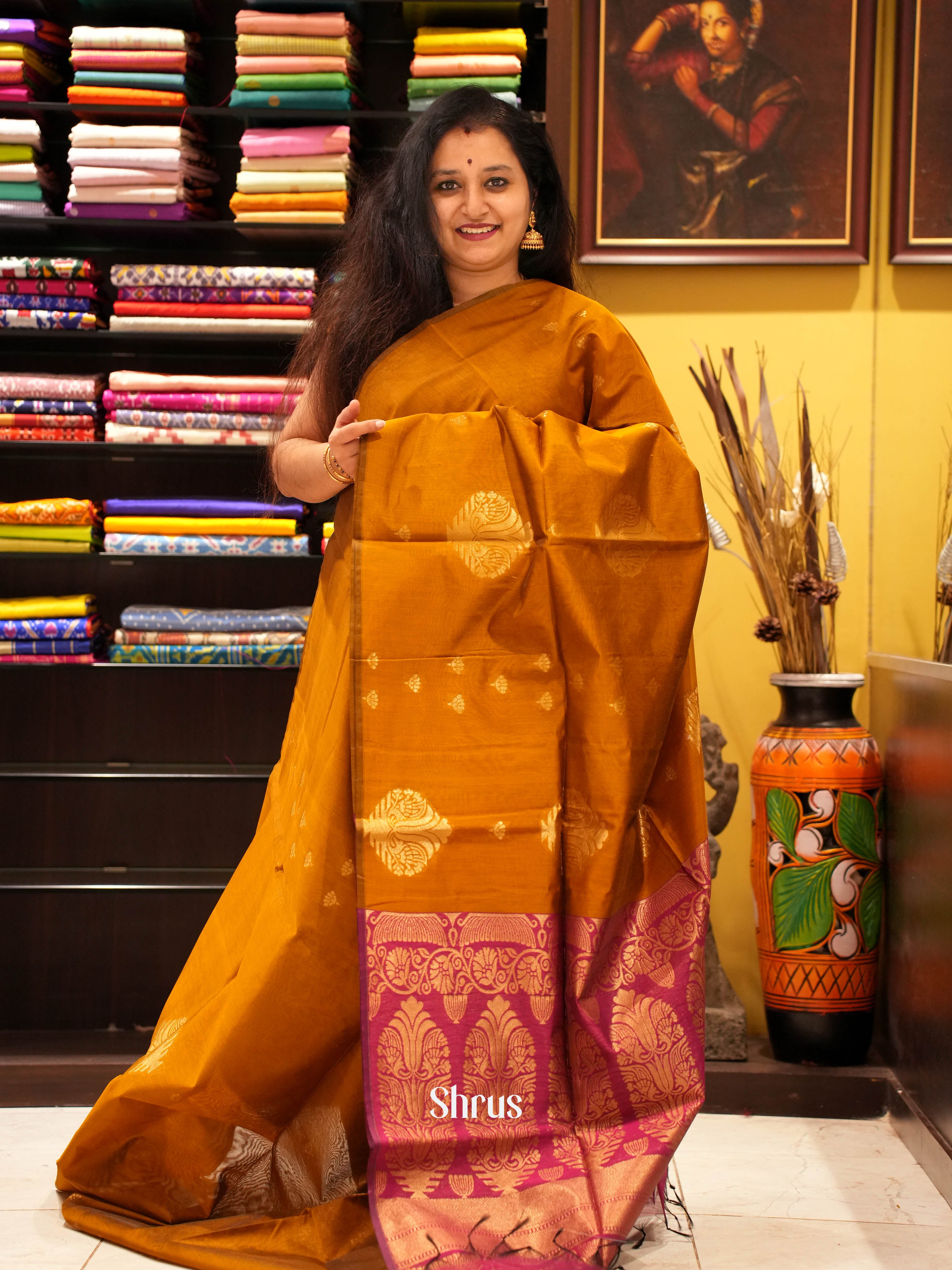 Brick & Maroon - Semi Silkcotton Saree