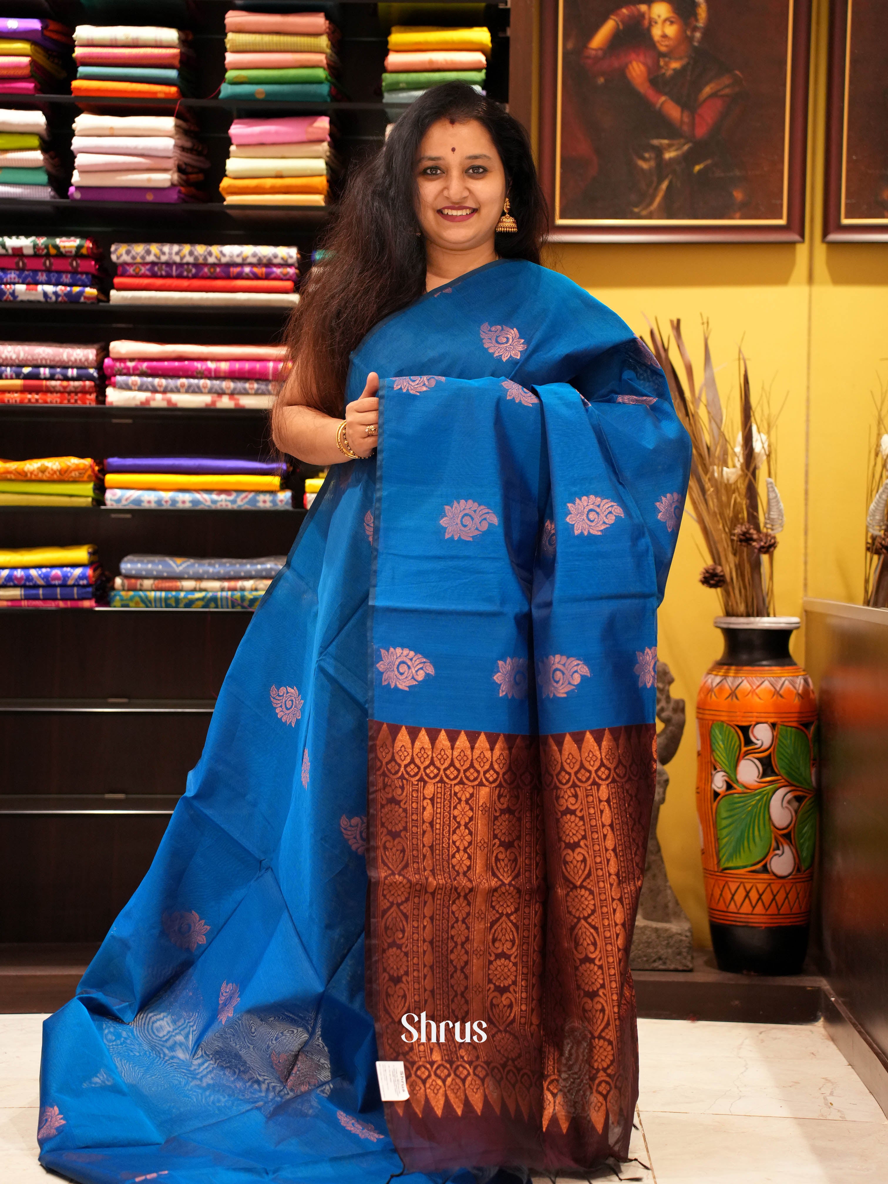 Blue & Brown  - Semi Silkcotton Saree