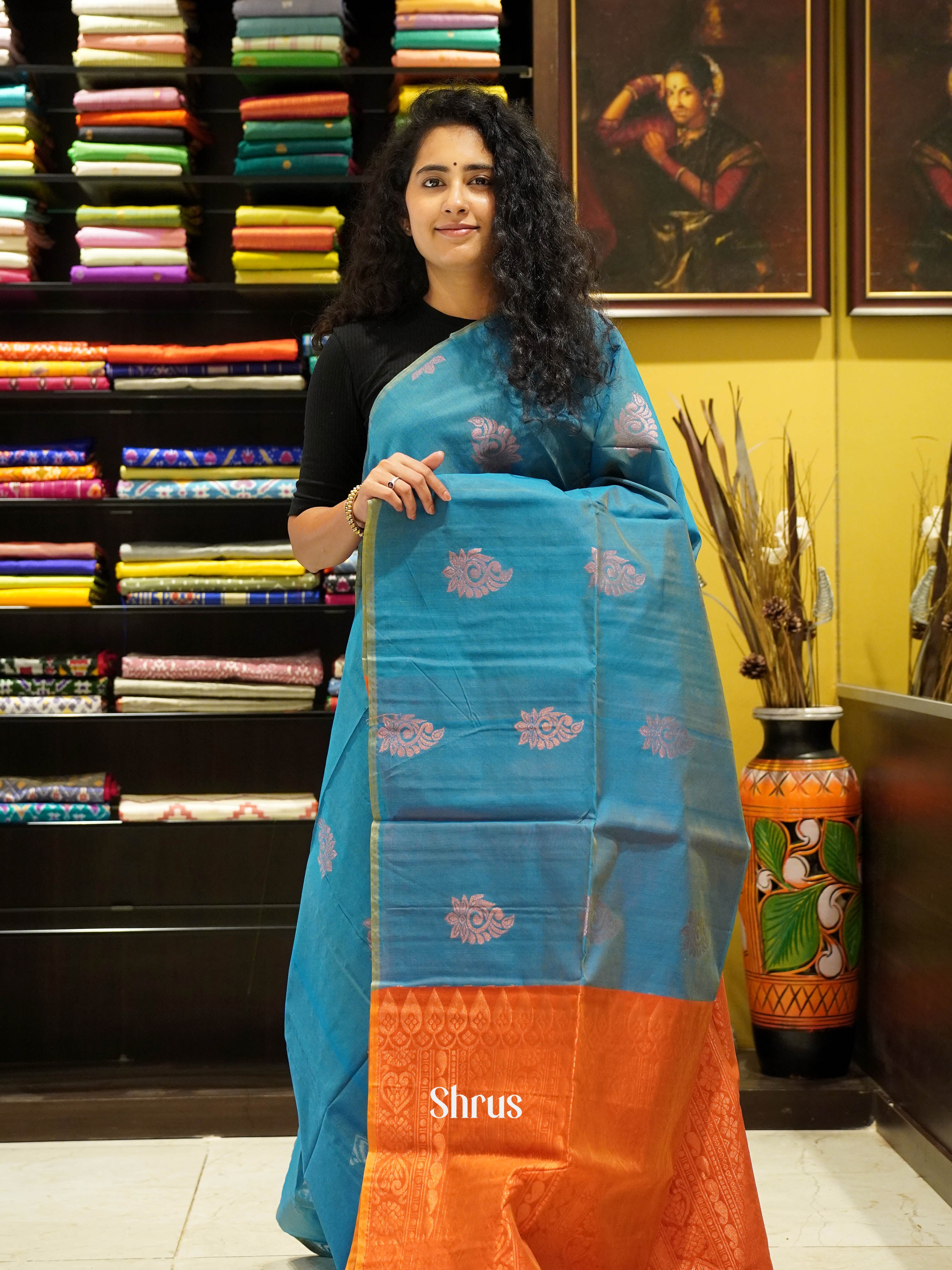 Blue & Orange - Semi Silkcotton Saree