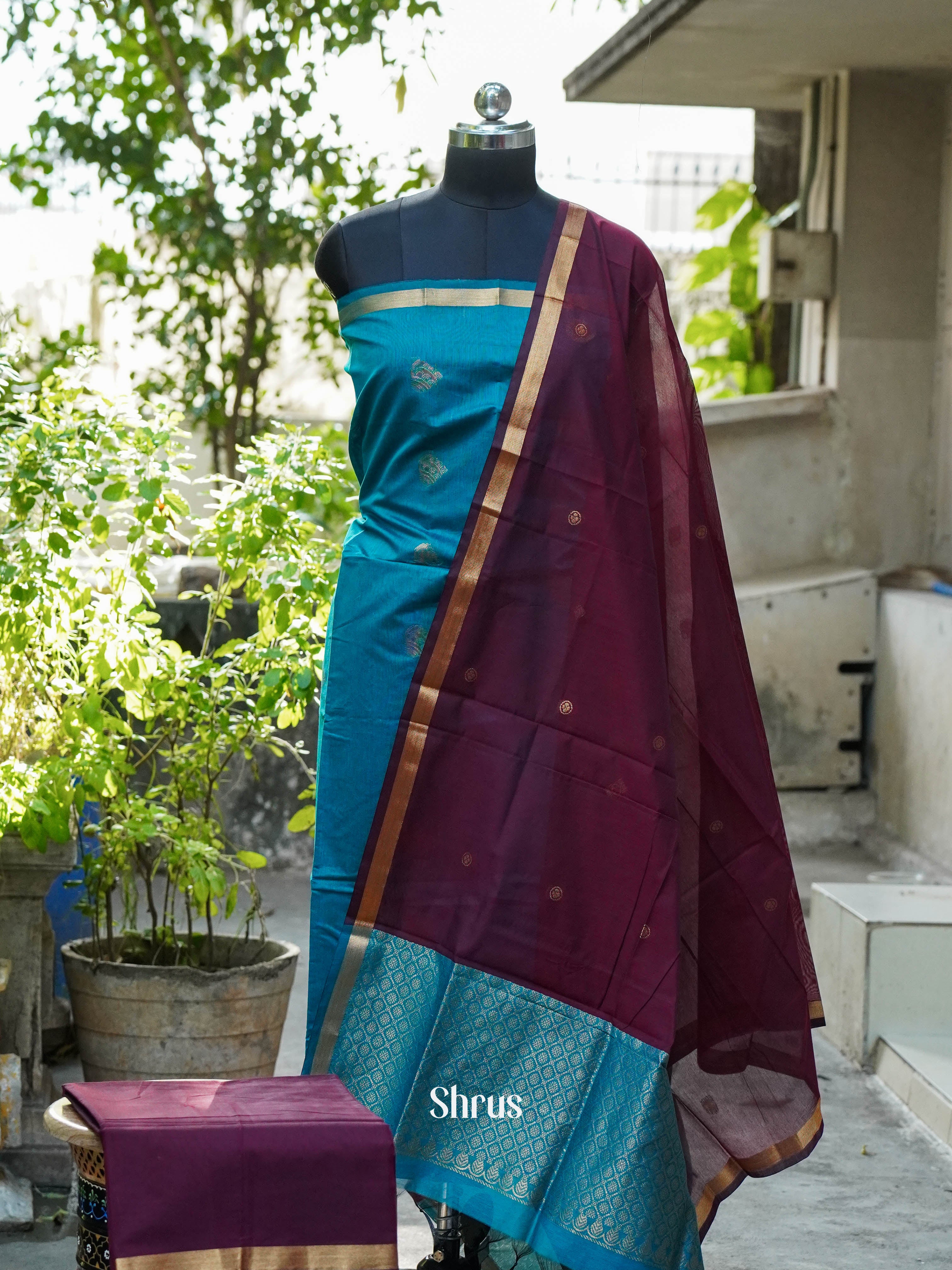 Blue & Maroon - Semi silkcotton salwar