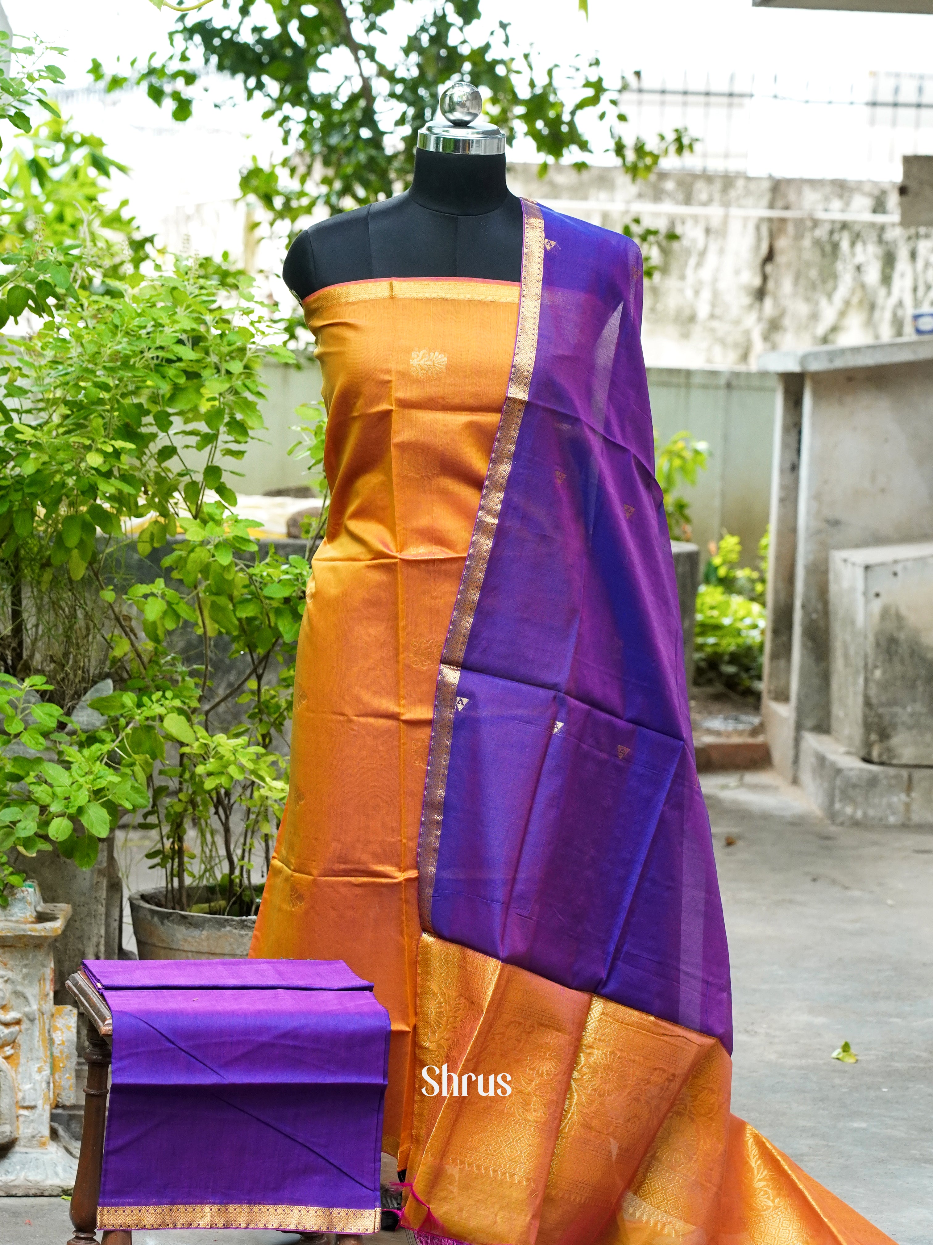 Double Shaded Golden Brown and Indigo Purple - Semi silkcotton salwar