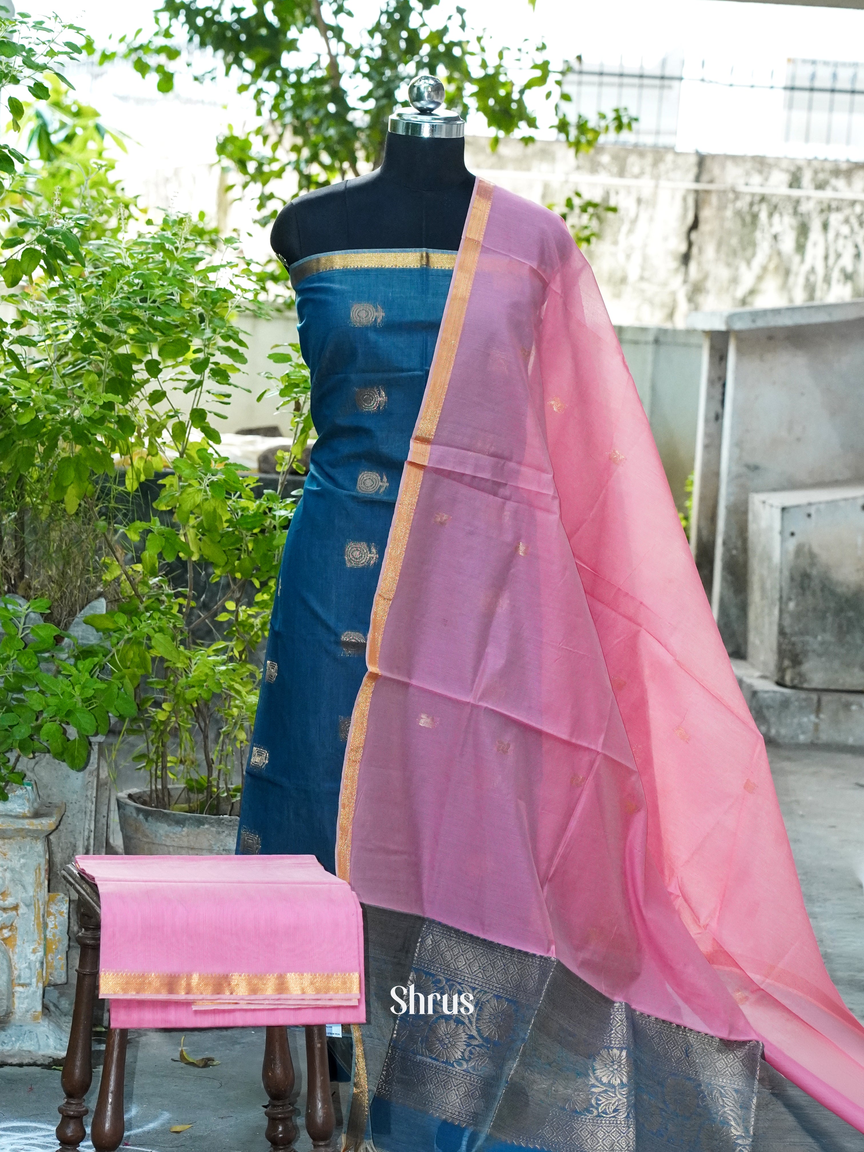 Blue & Light Pink - Semi silkcotton salwar